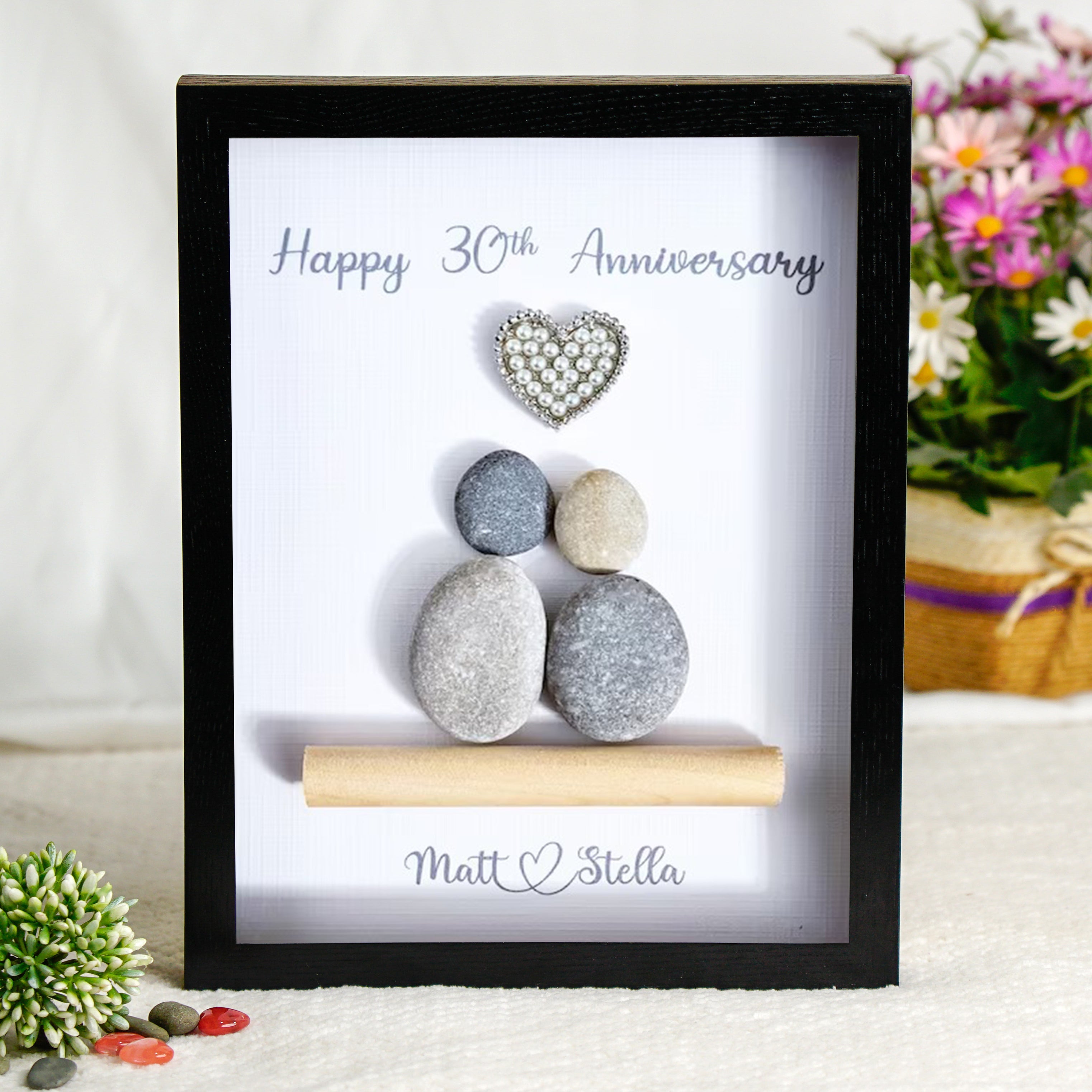 Personalised 30th Anniversary Keepsake Frame, Pearl Wedding Anniversary Gift, Wedding Anniversary Pebble Art For Dad