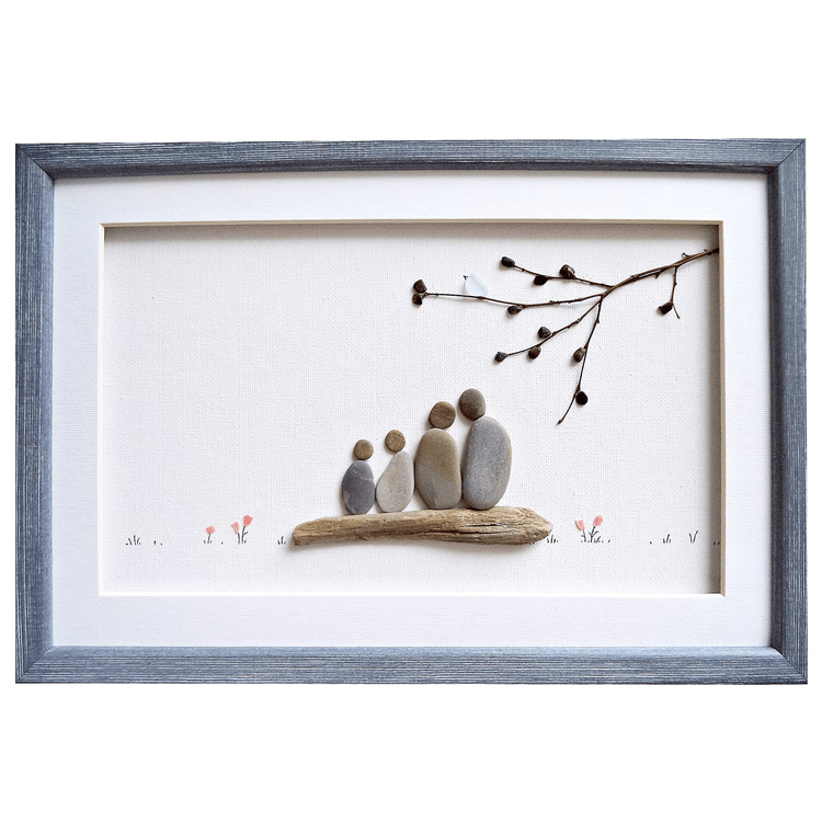 Pebble Art Family of Four with Bird, Custom Family Portrait, Handmade Custom Home Decor, Sea Glass Art For Family