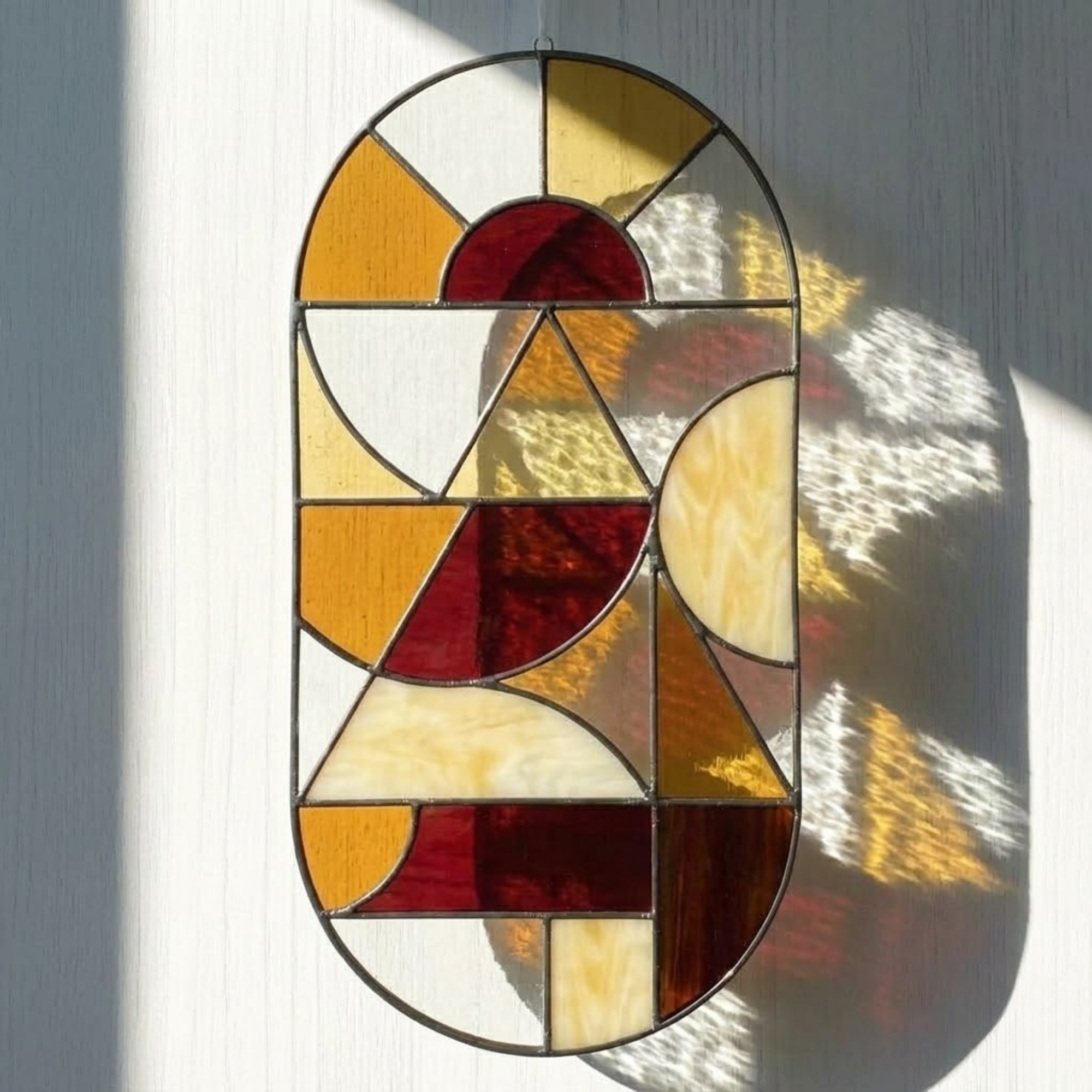 Modern Art Deco Suncatcher – Geometric Window Hanging – Warm Amber Decor – Stained Glass Art Panel – Unique Housewarming Gift