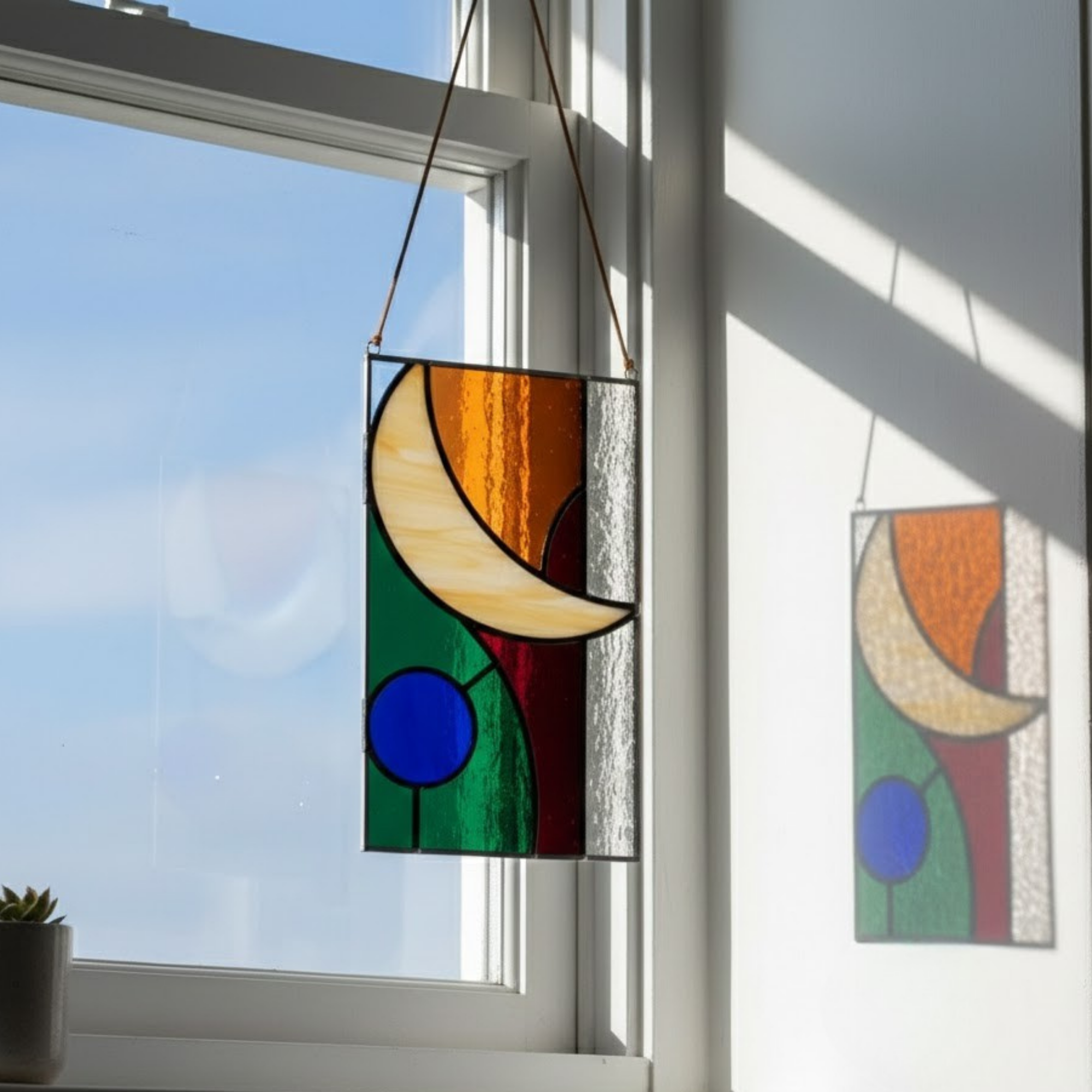 Modern Geometric Stained Glass Suncatcher – Abstract Celestial Window Art – Colorful Hanging Panel – Mid Century Home Decor – Unique Housewarming Gift