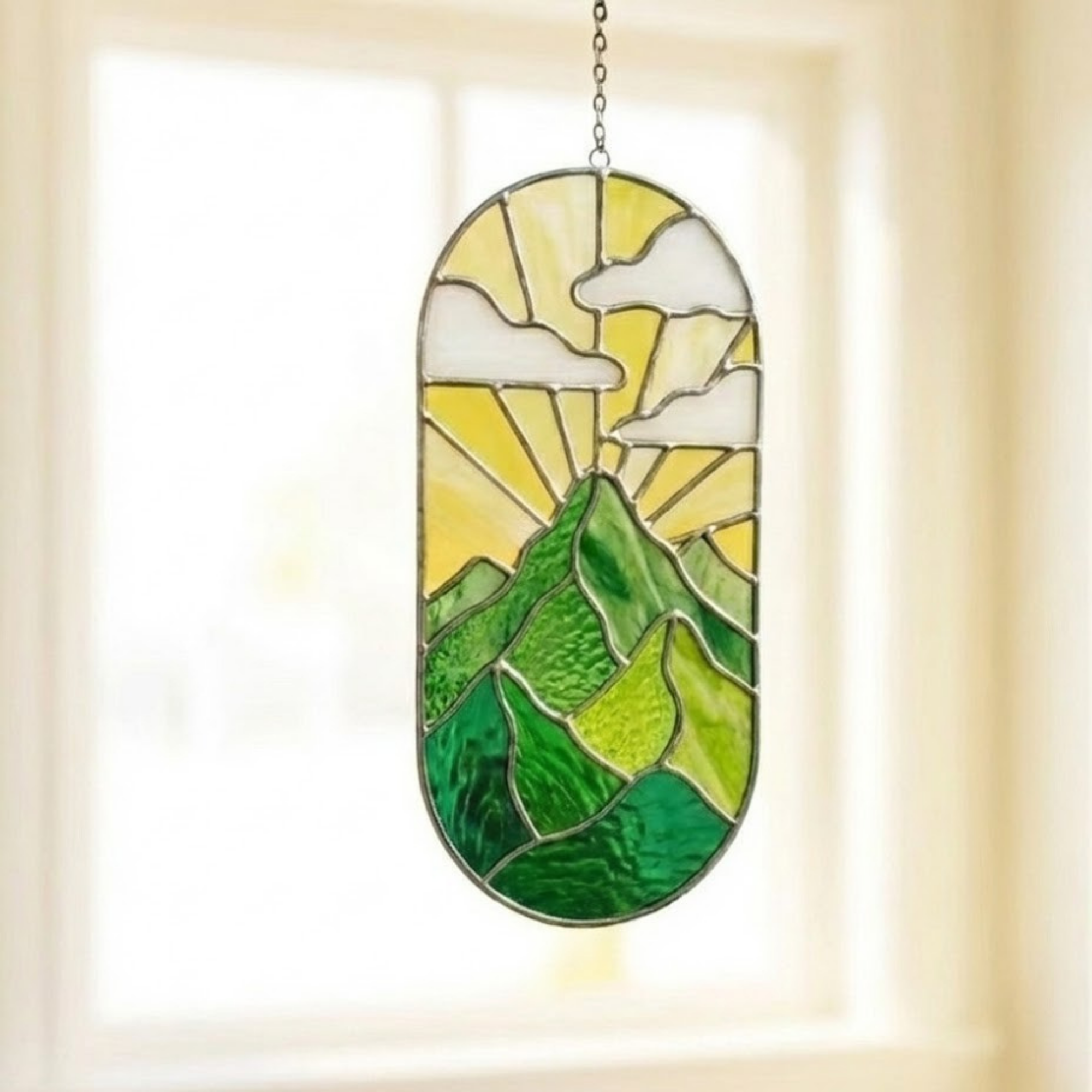 Mountain Sunrise Suncatcher – Stained Glass Window Hanging – Nature Lover Gift – Boho Green Landscape – Oval Wall Art