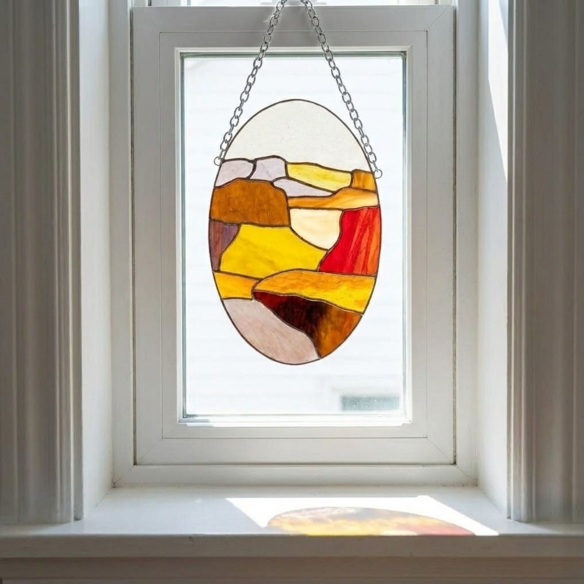 Earth Tone Wall Decor – Stained Glass Oval Suncatcher – Modern Nature Art – Farmhouse Window Hanger – Gift for Her