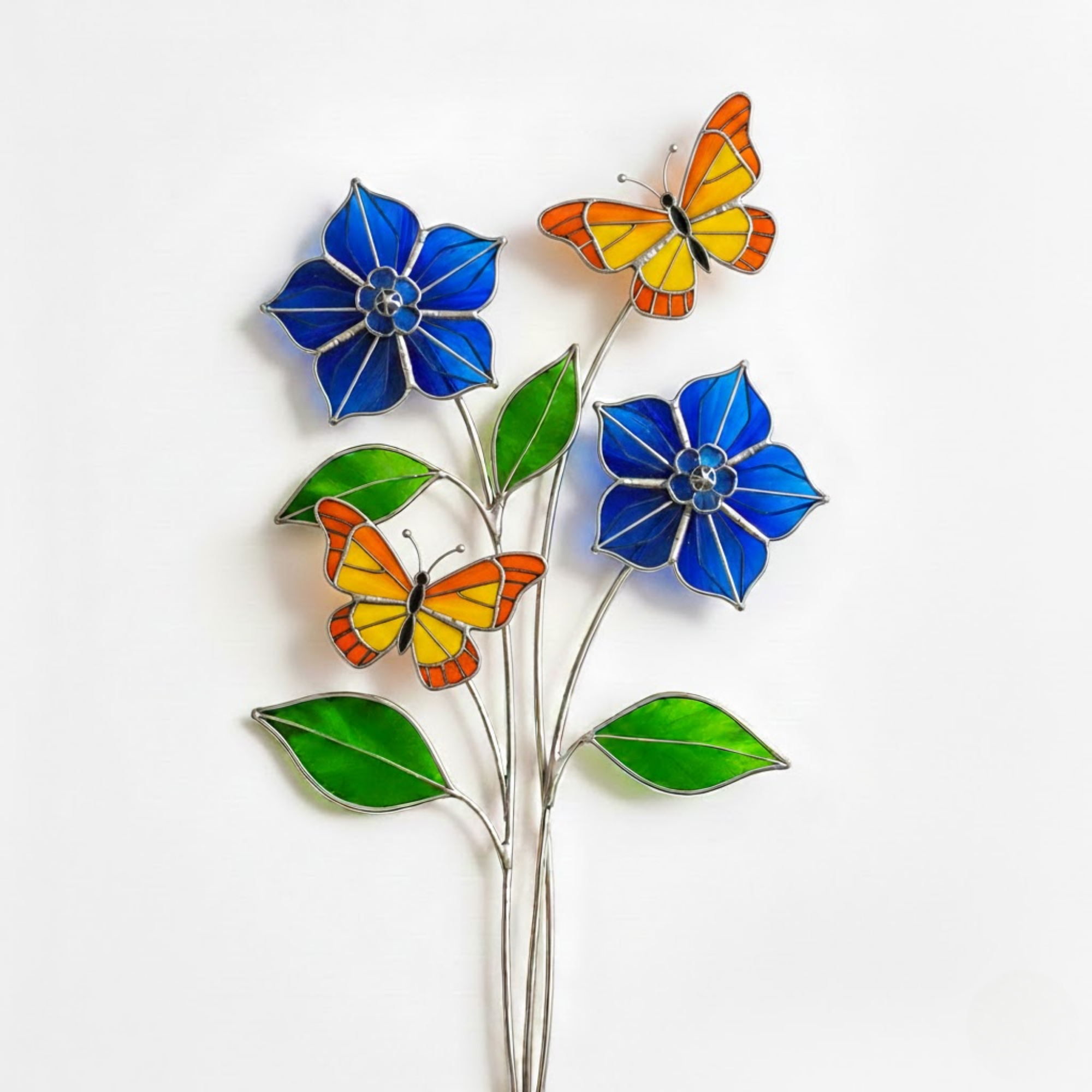 Stained Glass Butterfly & Blue Flower Bouquet – Botanical Art Gift – Tabletop Vase Decor – Whimsical Cottagecore Style – Gardener Birthday Present