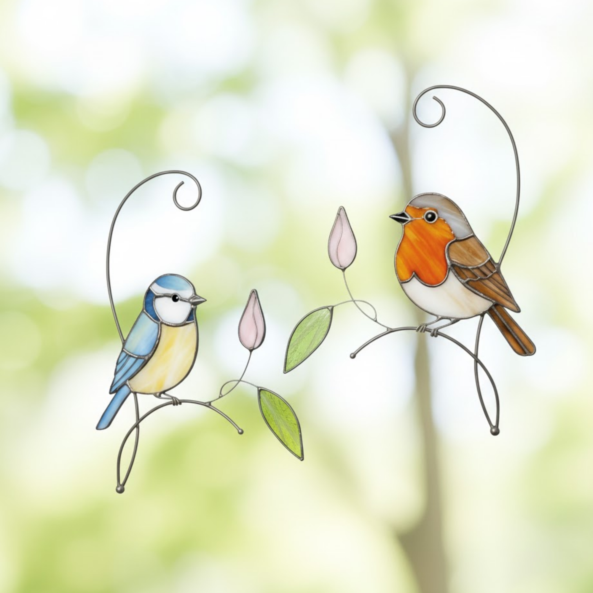 Morning Melody Stained Glass Suncatcher – Whispering Robin & Blue Tit Window Hanging – Enchanted Garden Decor – Lead-free Handcrafted Glass Art