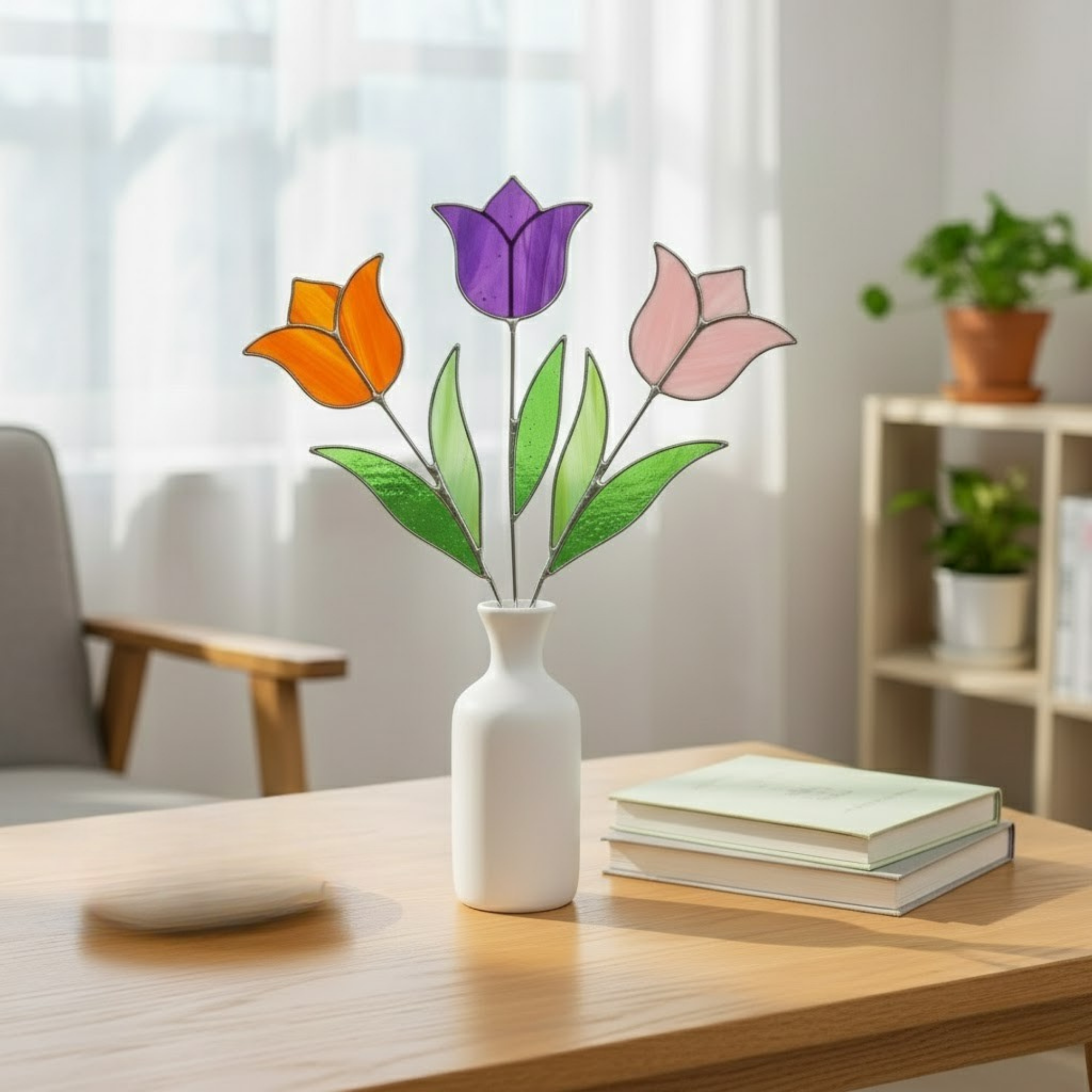 Tulips Stained Glass Bouquet – Pastel Pink Lavender Art – Romantic Bedroom Decor – Everlasting Mother’s Day Gift – Handmade Glass Flower