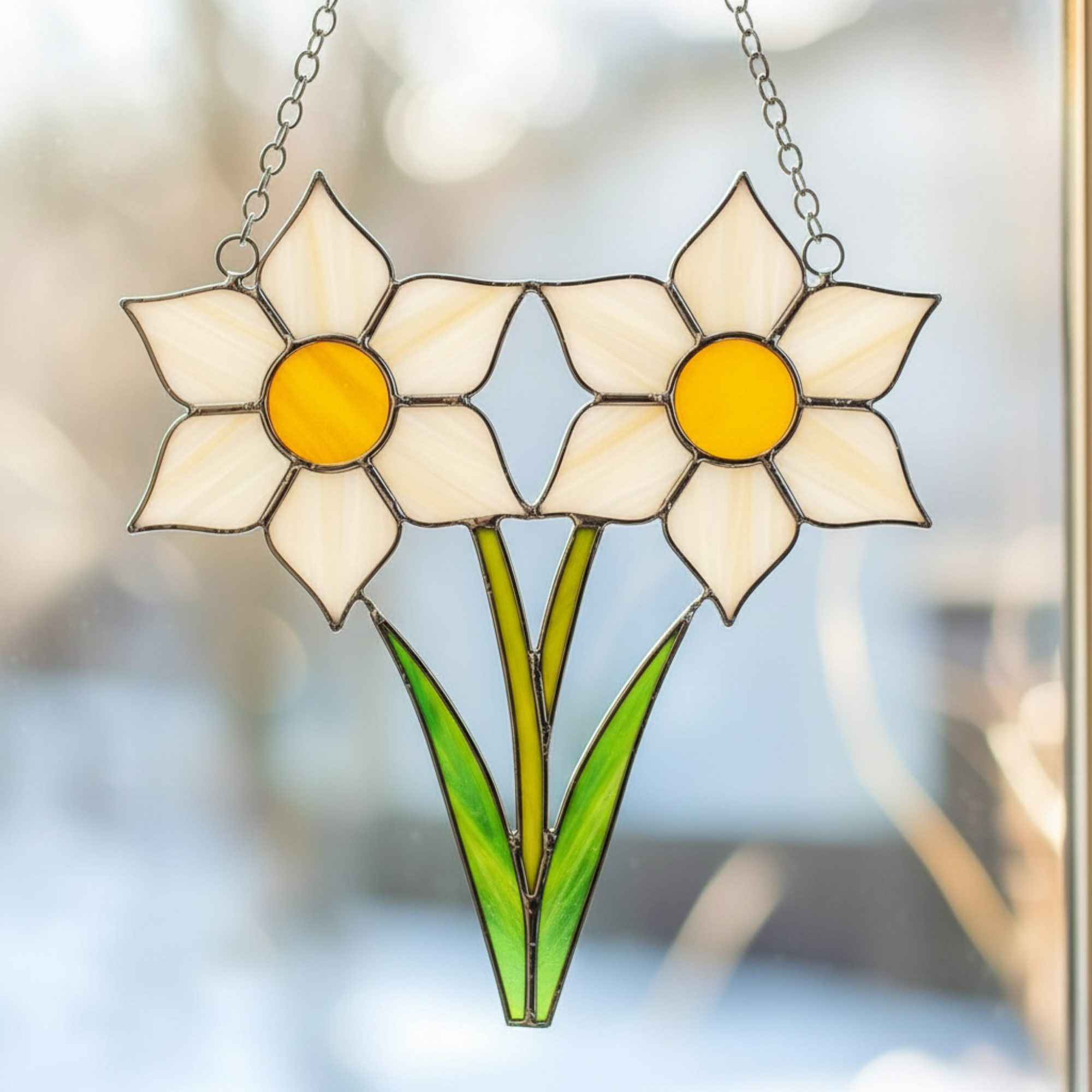 Double Daffodil Suncatcher – Botanical Window Art – Spring Home Decor – Handmade Stained Glass Flower – March Birthday Gift for Mom
