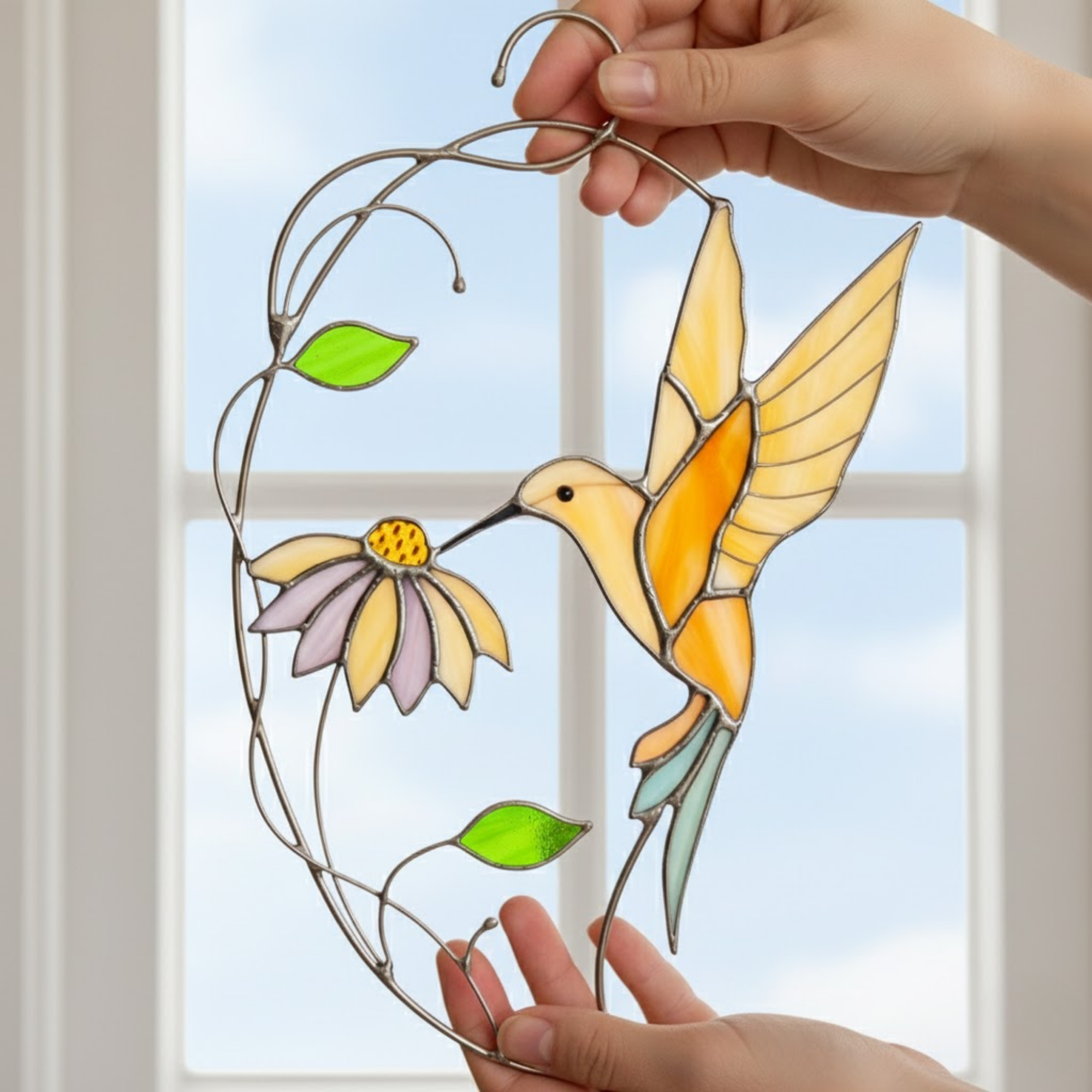 Golden Hummingbird Stained Glass Window Sun Catcher – Handmade Glass Bird Art with Flower, Nature Inspired Window Decor Gift