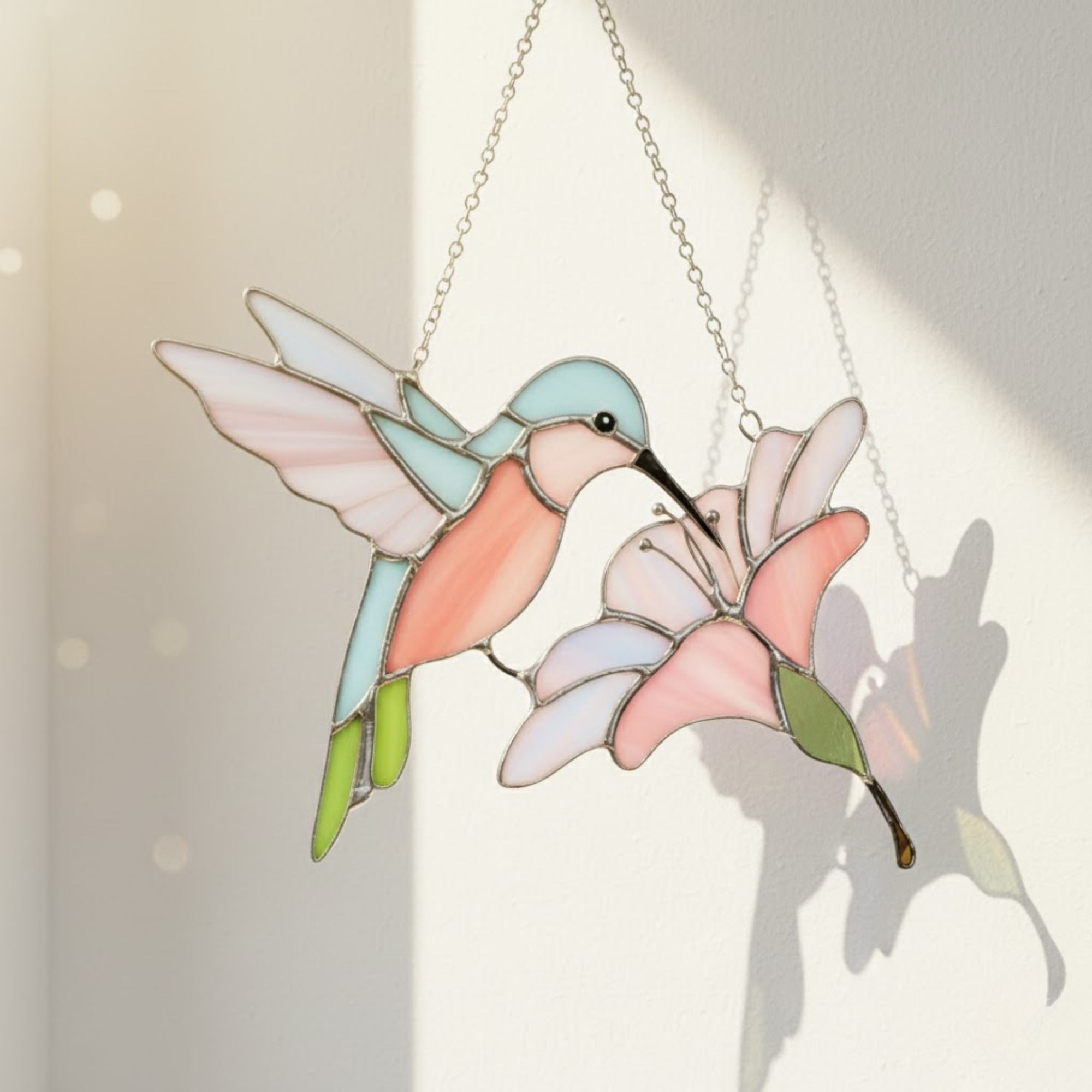 Whimsical Hummingbird & Lily Suncatcher – Handcrafted Stained Glass Window Art for Nature Lovers – Elegant Housewarming Gift