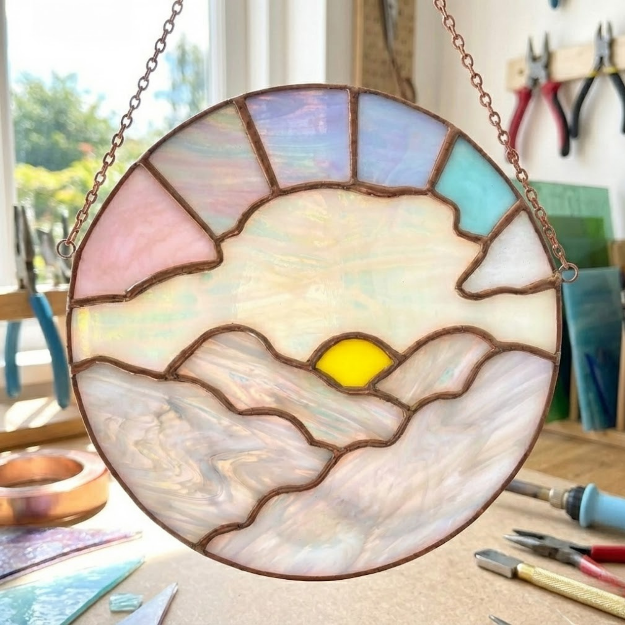 Stained Glass Sunrise Suncatcher – Iridescent Mountain Art – Window Hanging Decor – Pastel Cloud Landscape – Housewarming Gift for Her