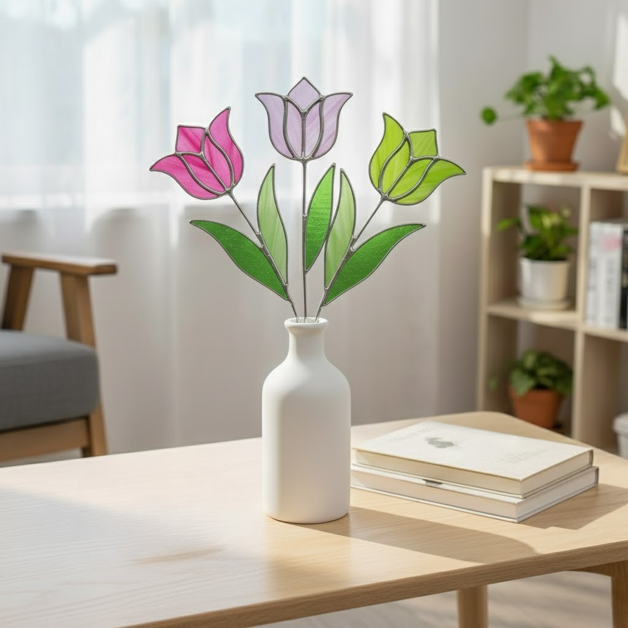 Tulips Stained Glass Bouquet – Pastel Pink Lavender Art – Romantic Bedroom Decor – Everlasting Mother’s Day Gift – Handmade Glass Flower