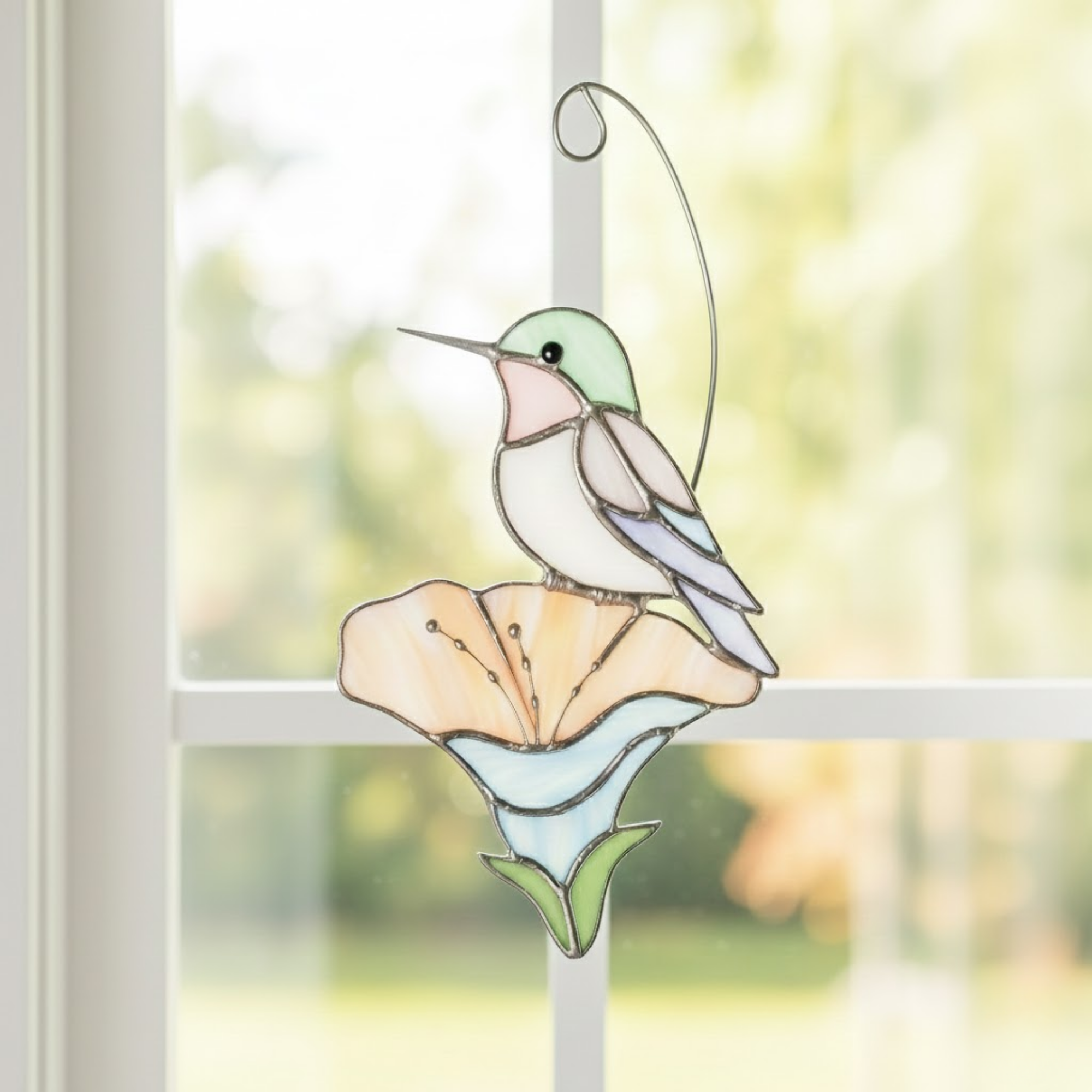 Stained Glass Bird on Flower Suncatcher, Pastel Window Hanging Art, Handmade Sun Catcher, Nature Inspired Home Decor