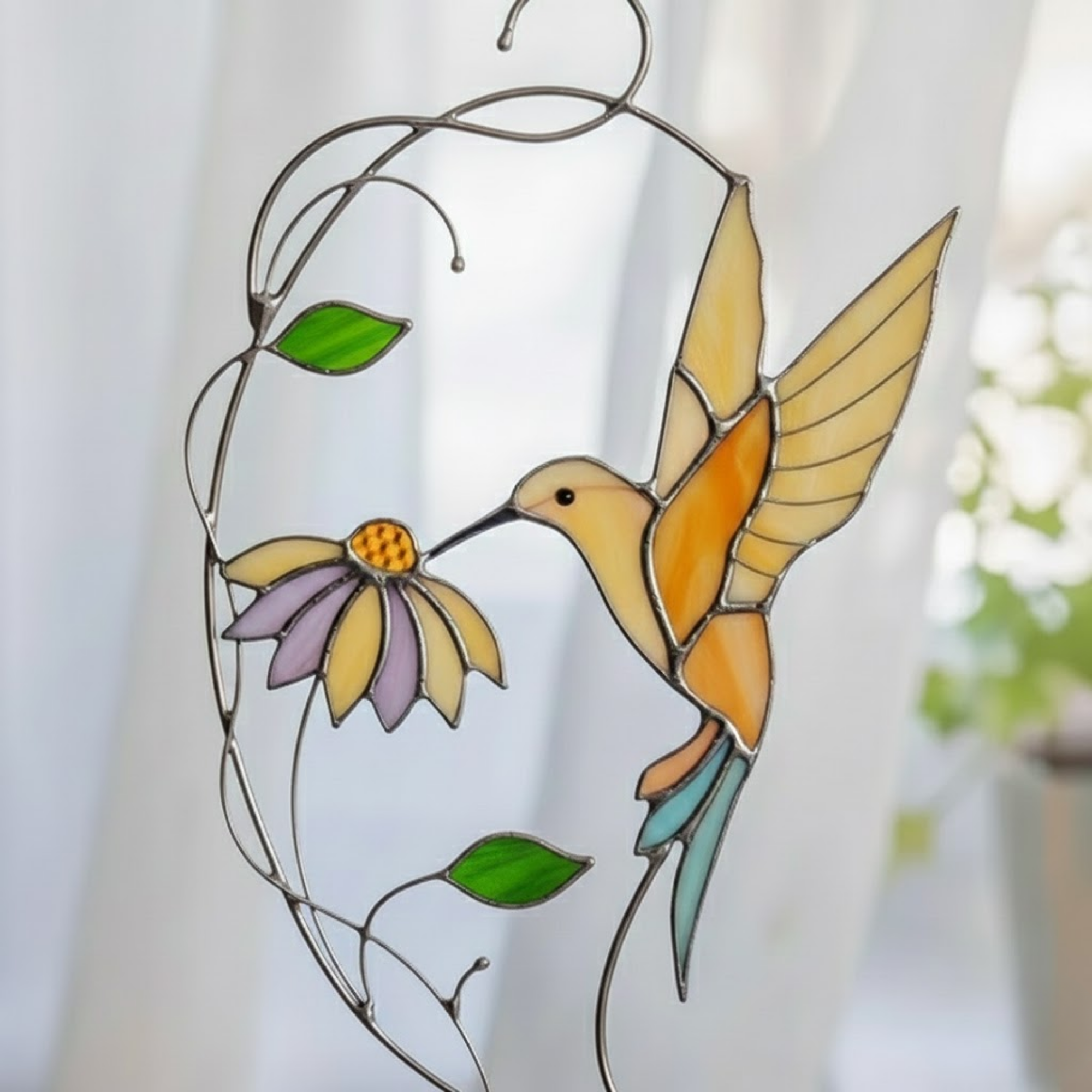 Golden Hummingbird Stained Glass Window Sun Catcher – Handmade Glass Bird Art with Flower, Nature Inspired Window Decor Gift