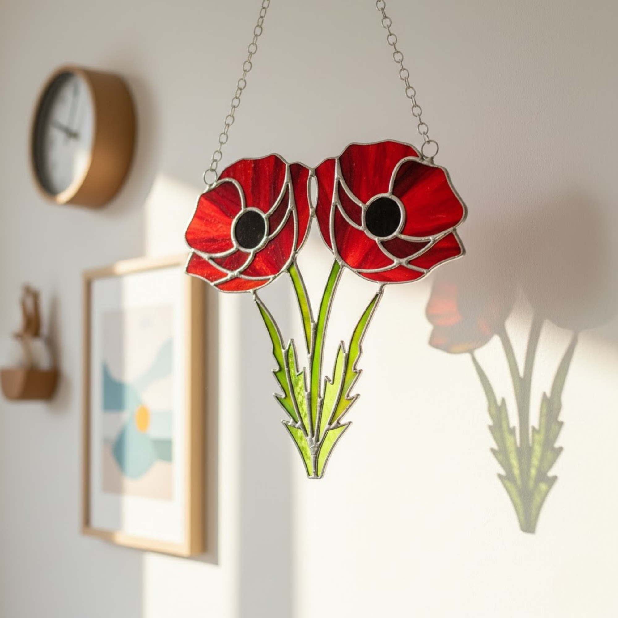 Red Poppy Suncatcher Duo – Memorial Gift – Stained Glass Window Art – August Birth Flower – Botanical Home Decor for Mom