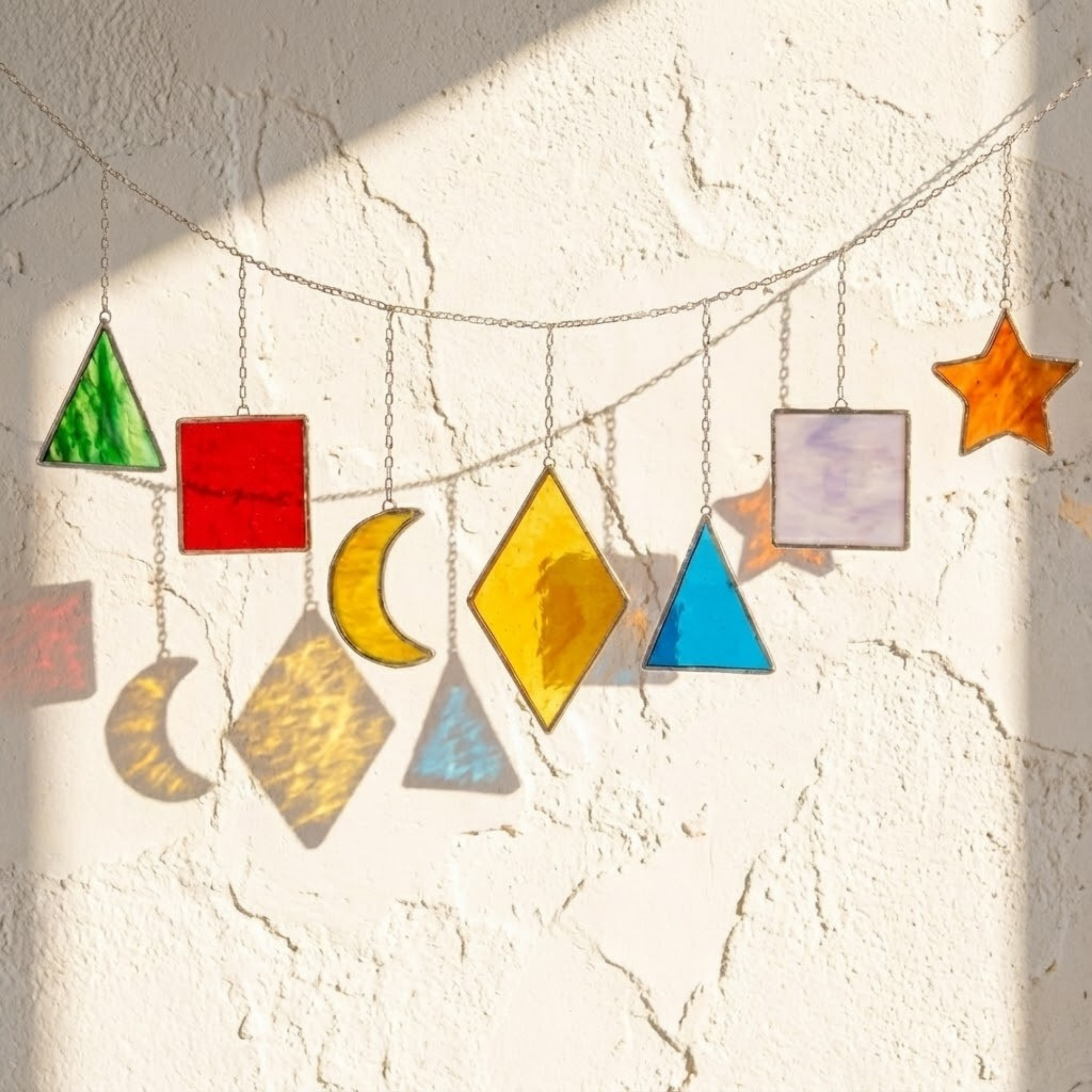 Geometric Suncatcher Garland – Rainbow Celestial Mobile – Stained Glass Window Decor – Boho Nursery Wall Art – New Home Gift