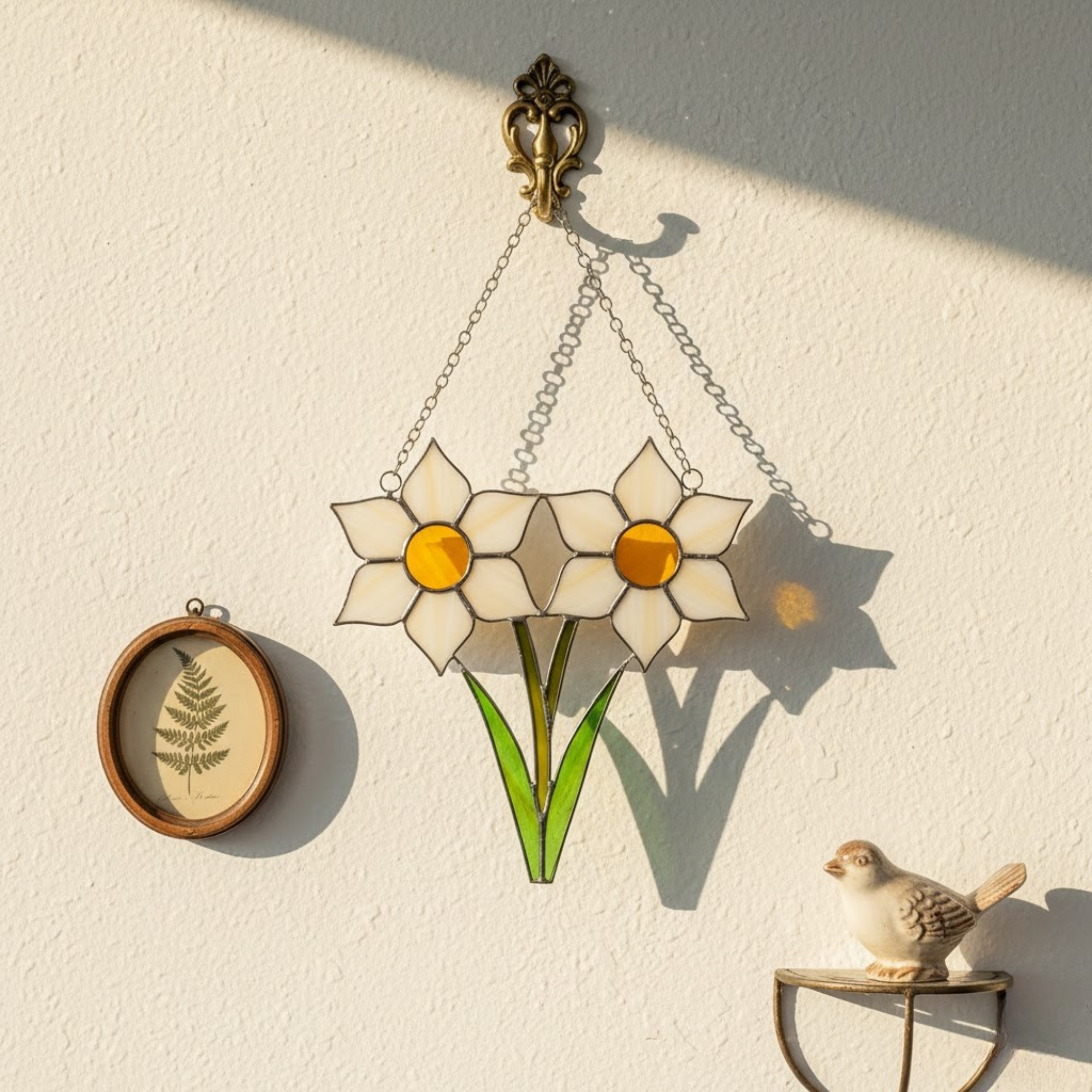 Double Daffodil Suncatcher – Botanical Window Art – Spring Home Decor – Handmade Stained Glass Flower – March Birthday Gift for Mom
