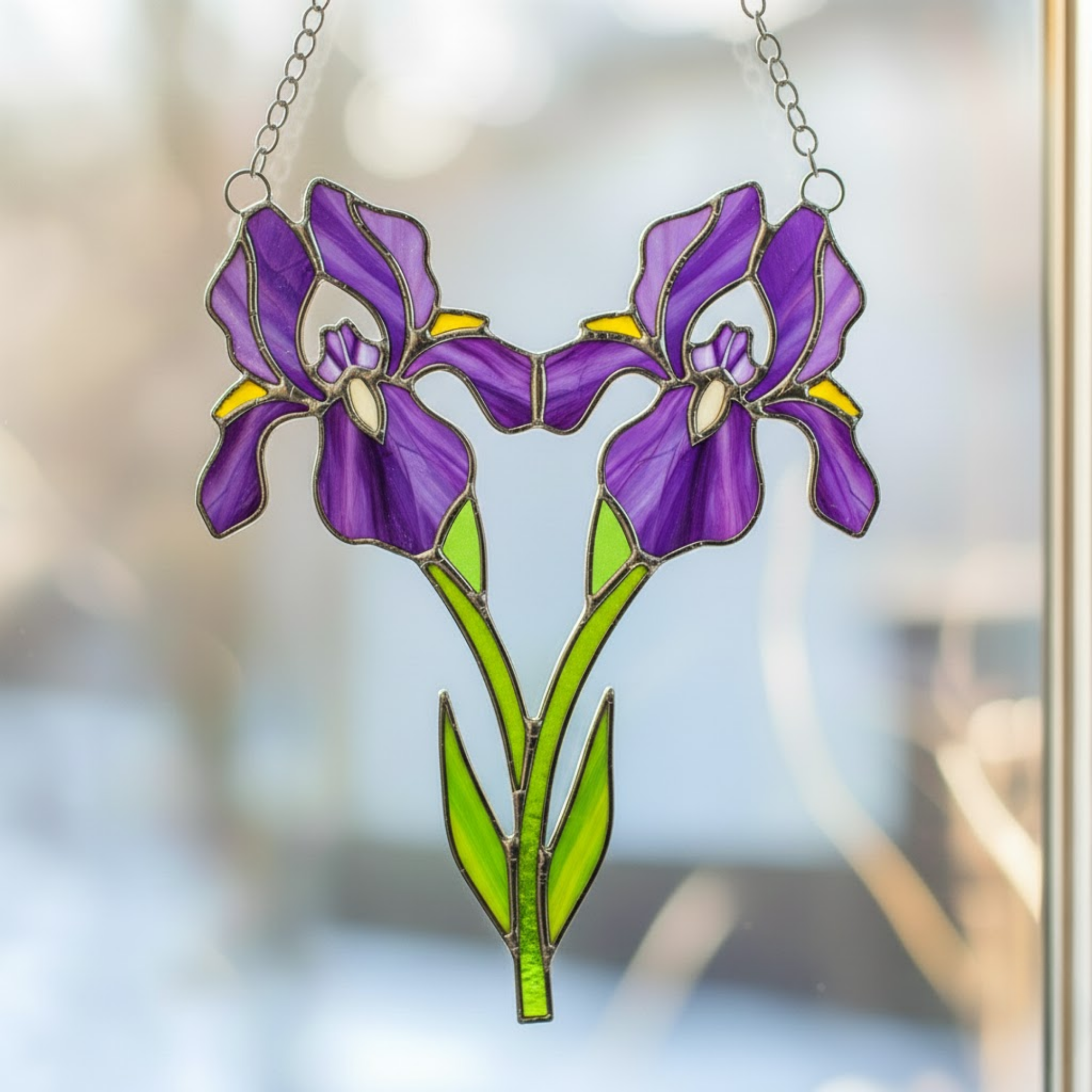 Iris Stained Glass Suncatcher – Purple Flower Window Decor – February Birth Flower Gift – Royal Floral Art – 25th Anniversary