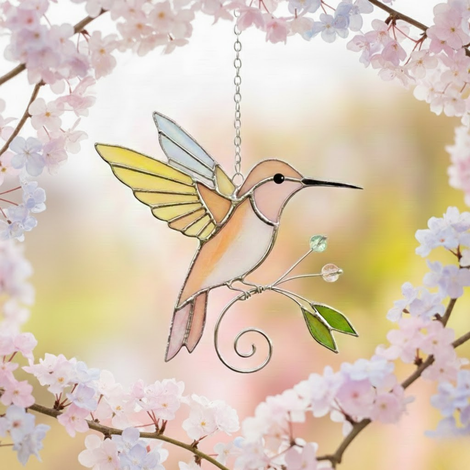 Ethereal Hummingbird Suncatcher – Handcrafted Stained Glass Bird Decor – Unique Housewarming Gift for Nature Lovers