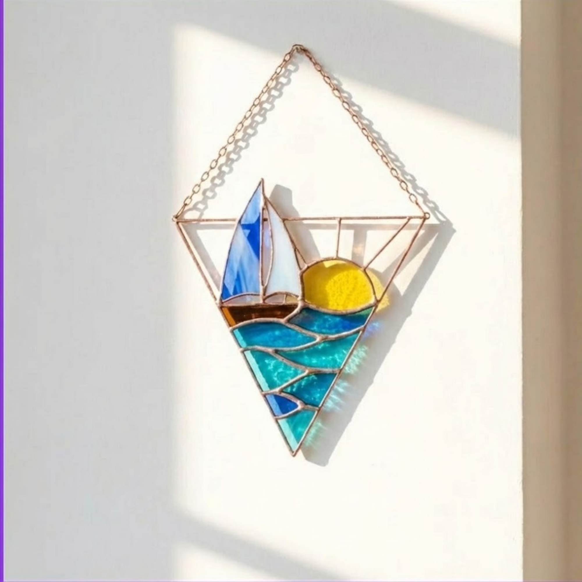 Nautical Sailboat Sun Catcher – Ocean Lover Present – Window Hanging Decor – Geometric Stained Glass Art – Housewarming Gift for Sailor