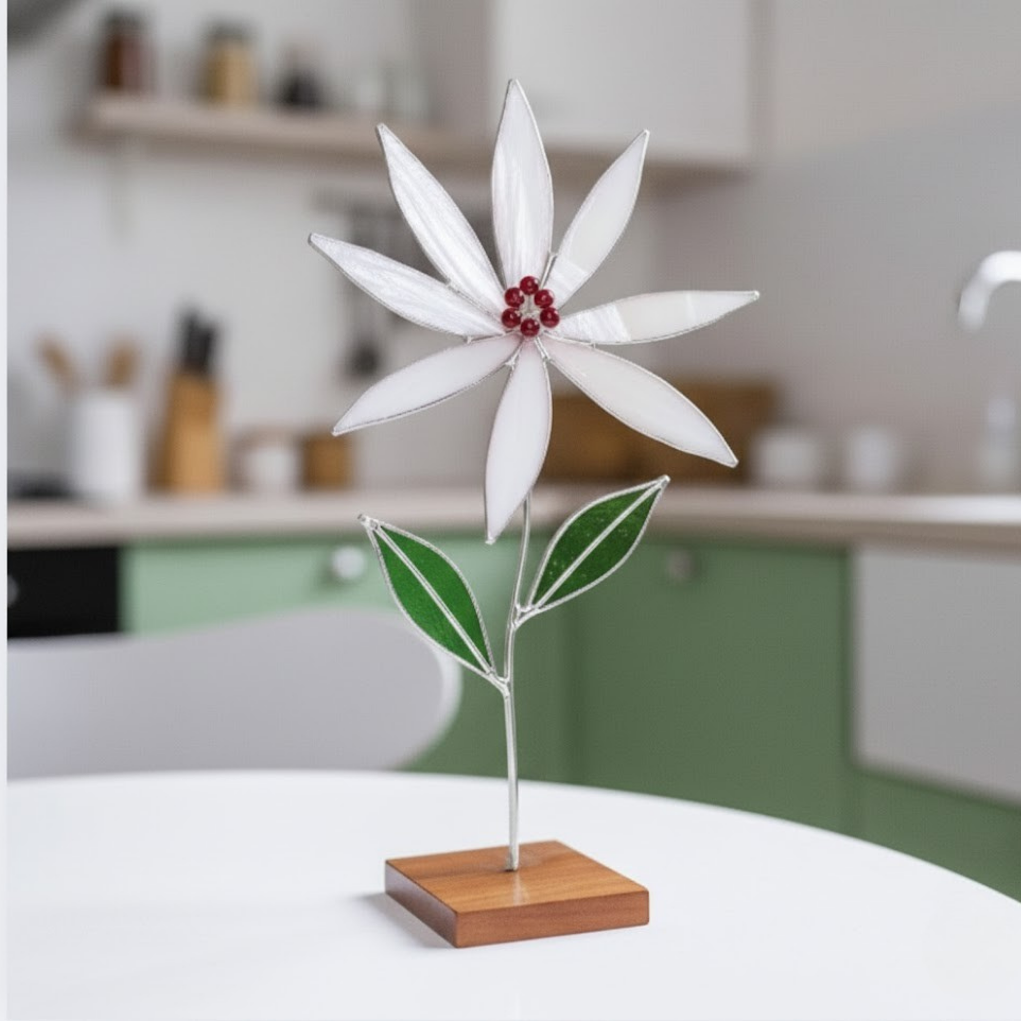 White Wildflower Botanical Sculpture – Eternal Bloom Desk Gift – Minimalist Stained Glass Art on Wood Base – Unique Birthday Present for Her