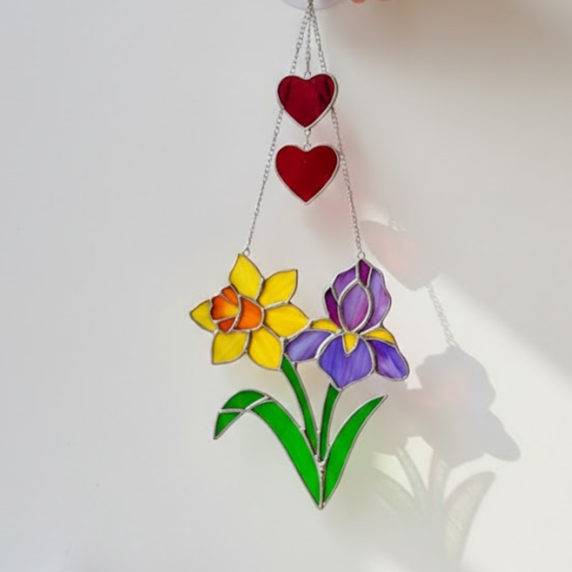 Handmade Window Panel - Double Heart Ornament – Spring Flower Bouquet – Copper Foil Stained Glass – Birthday Present for Her