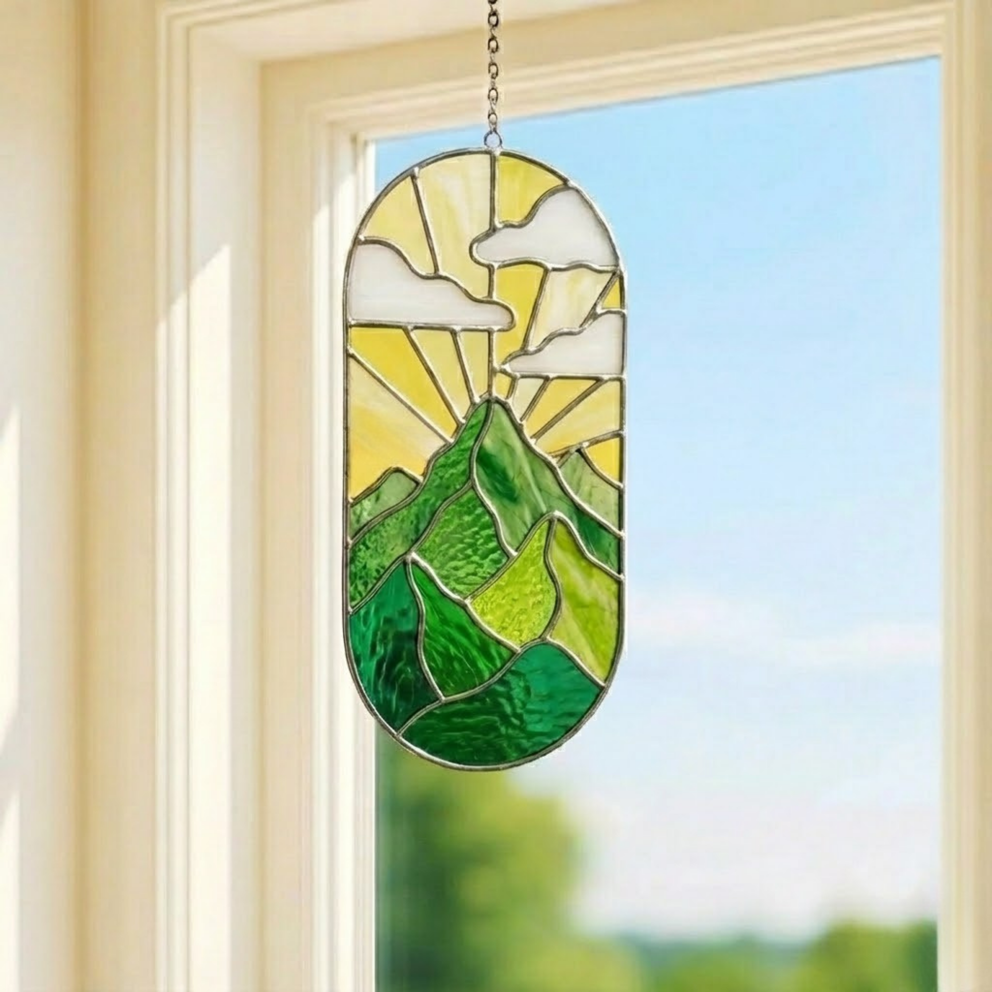 Mountain Sunrise Suncatcher – Stained Glass Window Hanging – Nature Lover Gift – Boho Green Landscape – Oval Wall Art