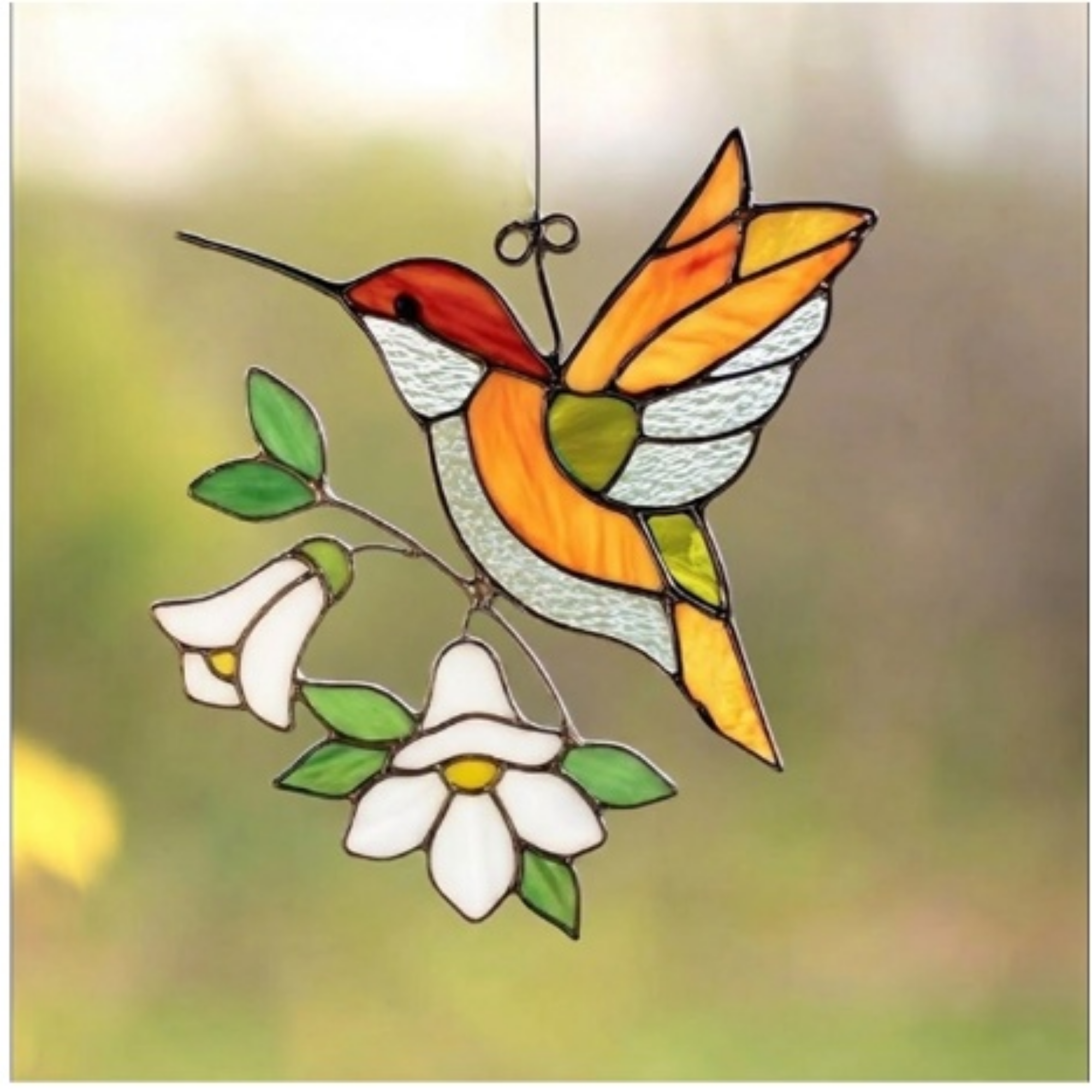 Stained Glass Hummingbird Suncatcher – Handmade Window Hanging with White Flowers, Nature Gift