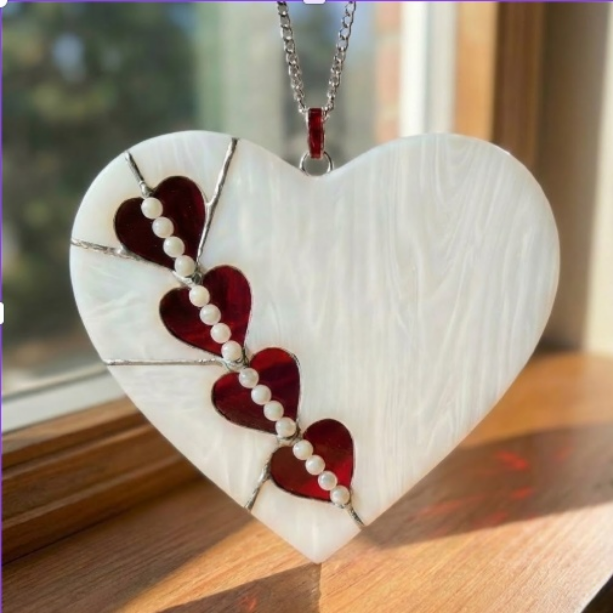 Stained Glass Mended Heart Suncatcher – Romantic Anniversary Gift – Window Hanging Decor – Pearl and Red Glass Art – Valentine’s Day Present for Her