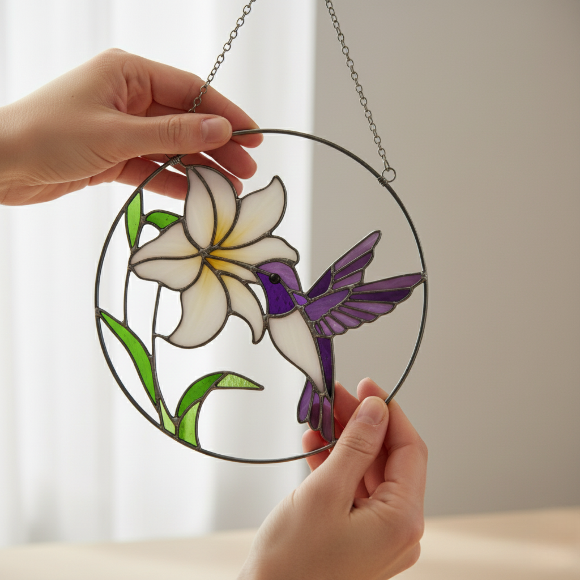 Hummingbird Stained Glass Suncatcher, Handmade Floral Window Hanging, Nature Sun Catcher Gift