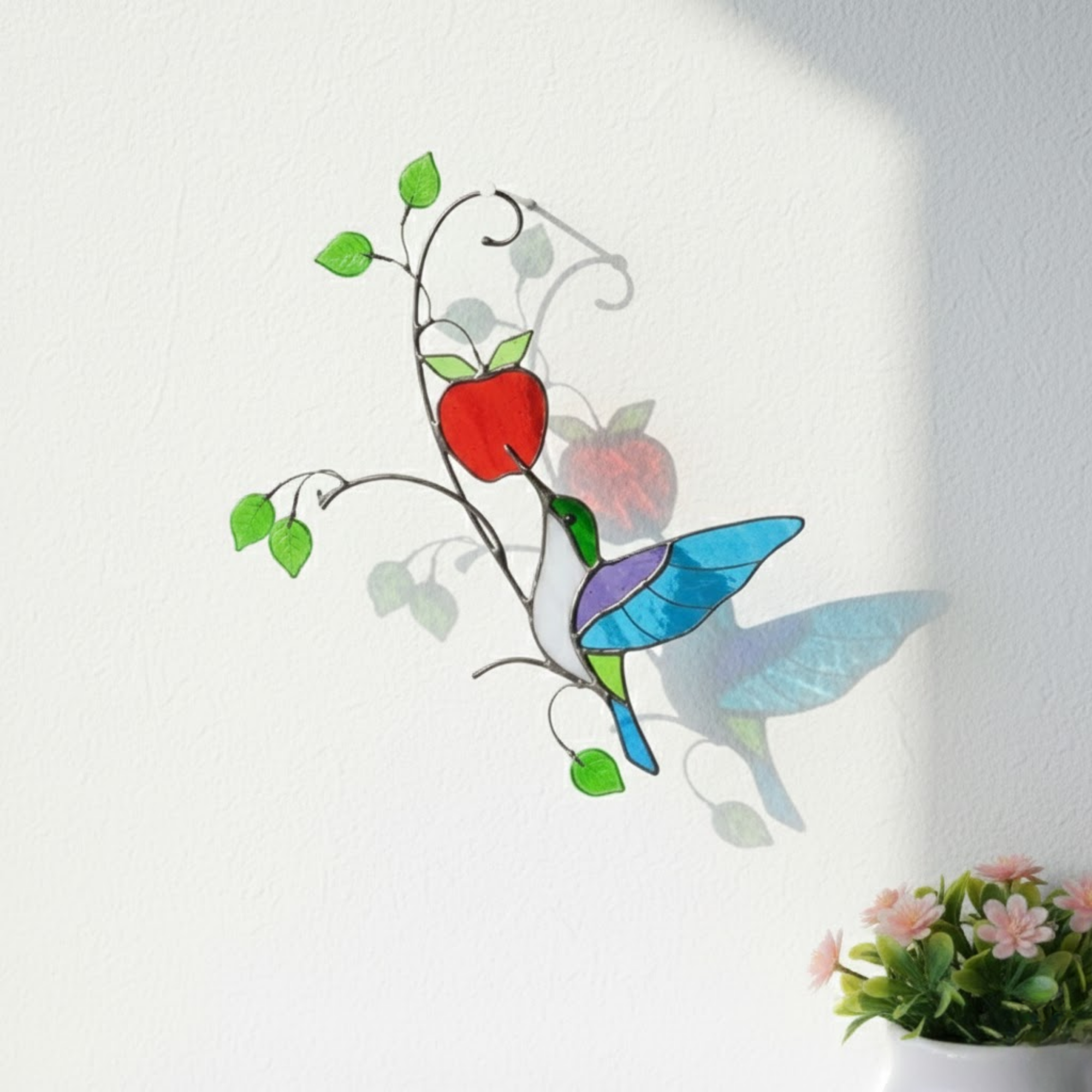 Stained Glass Hummingbird Suncatcher with Apple – Handmade Window Hanging, Spring Nature Decor