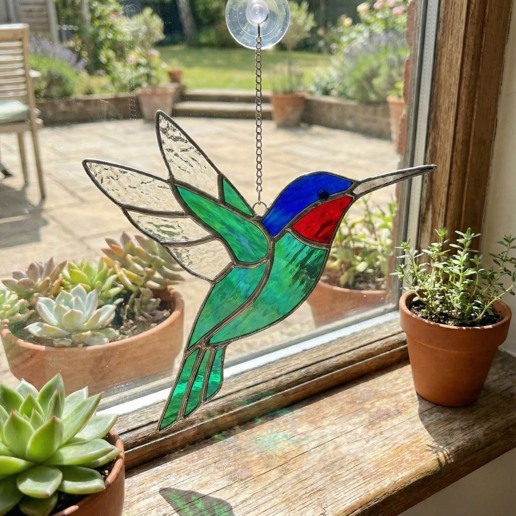 Bold Hummingbird Glass Artwork – Nature Inspired Gift – Window Hanging Decor – Handmade Stained Glass – Birthday & Housewarming Gift