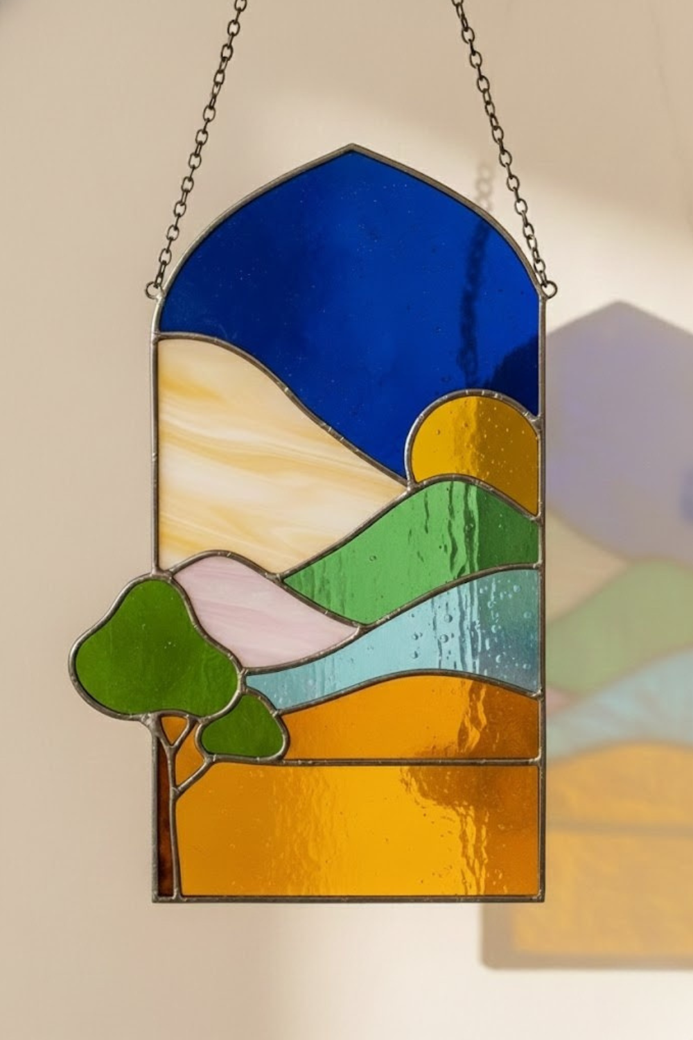 Stained Glass Landscape Suncatcher – Mountain Wall Art – Nature Window Hanging – Modern Boho Decor – Unique Housewarming Gift for Hiker