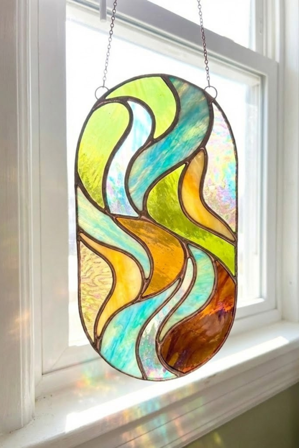Stained Glass Oval Suncatcher – Abstract Wave Art – Window Hanging Decor – Modern Boho Style – Unique Housewarming Gift