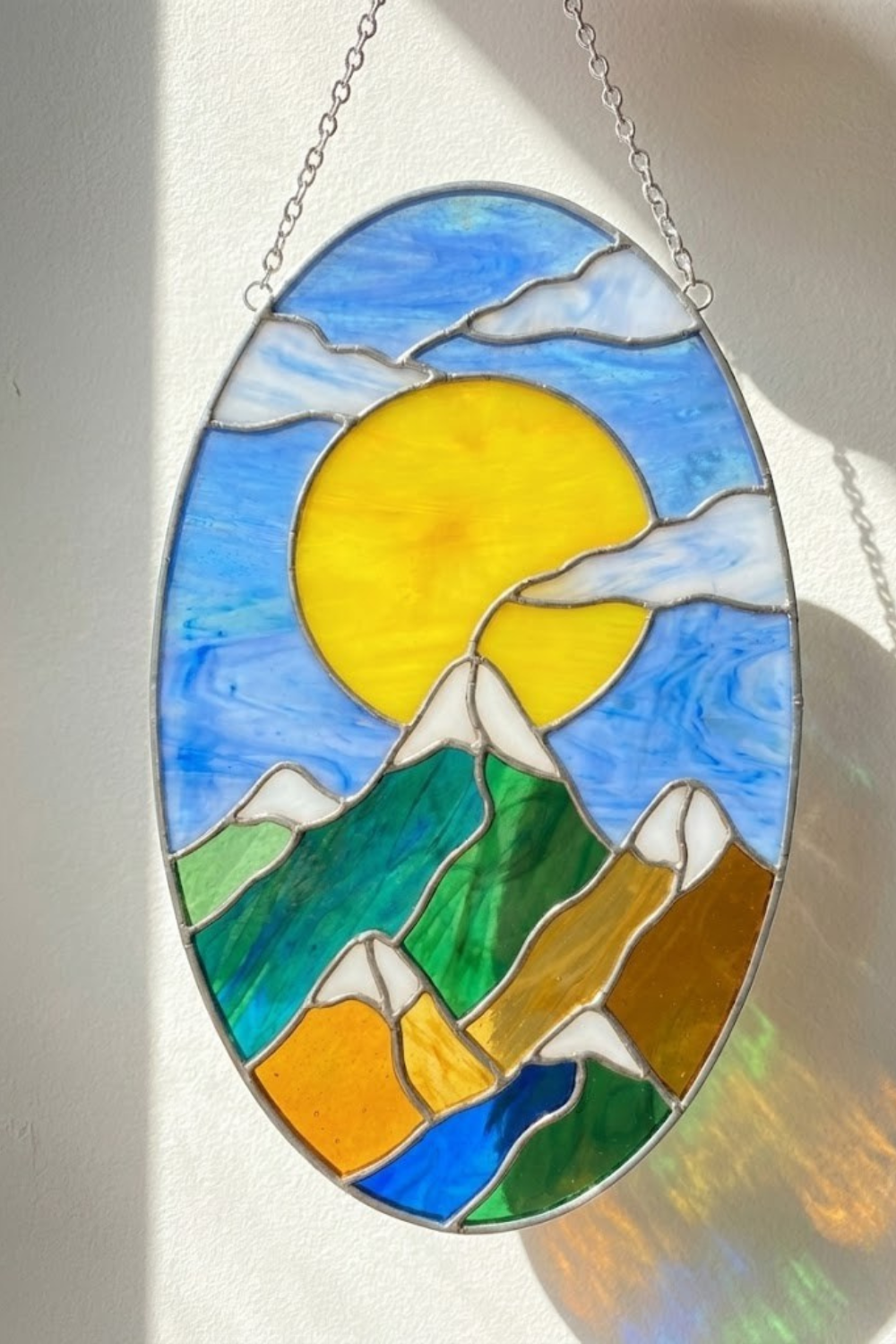 Oval Mountain Landscape Suncatcher – Nature Lover Art – Stained Glass Window Hanging – Hiking Decor – Housewarming Gift
