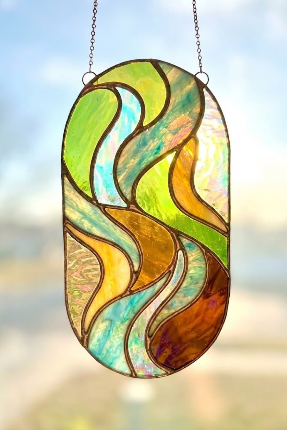 Stained Glass Oval Suncatcher – Abstract Wave Art – Window Hanging Decor – Modern Boho Style – Unique Housewarming Gift