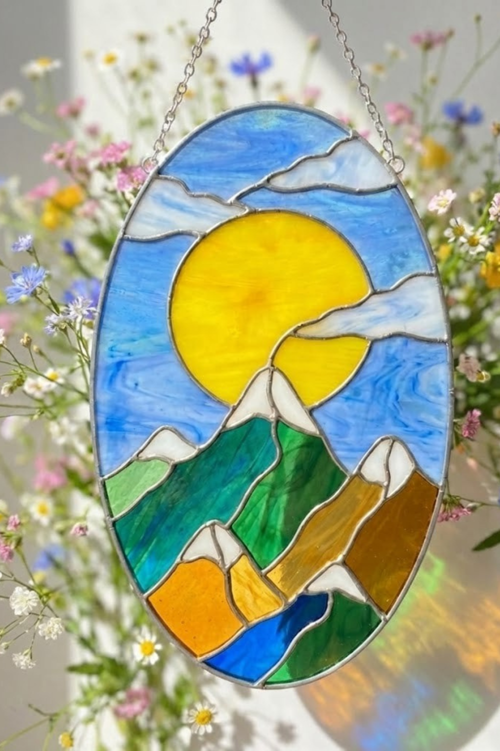 Oval Mountain Landscape Suncatcher – Nature Lover Art – Stained Glass Window Hanging – Hiking Decor – Housewarming Gift