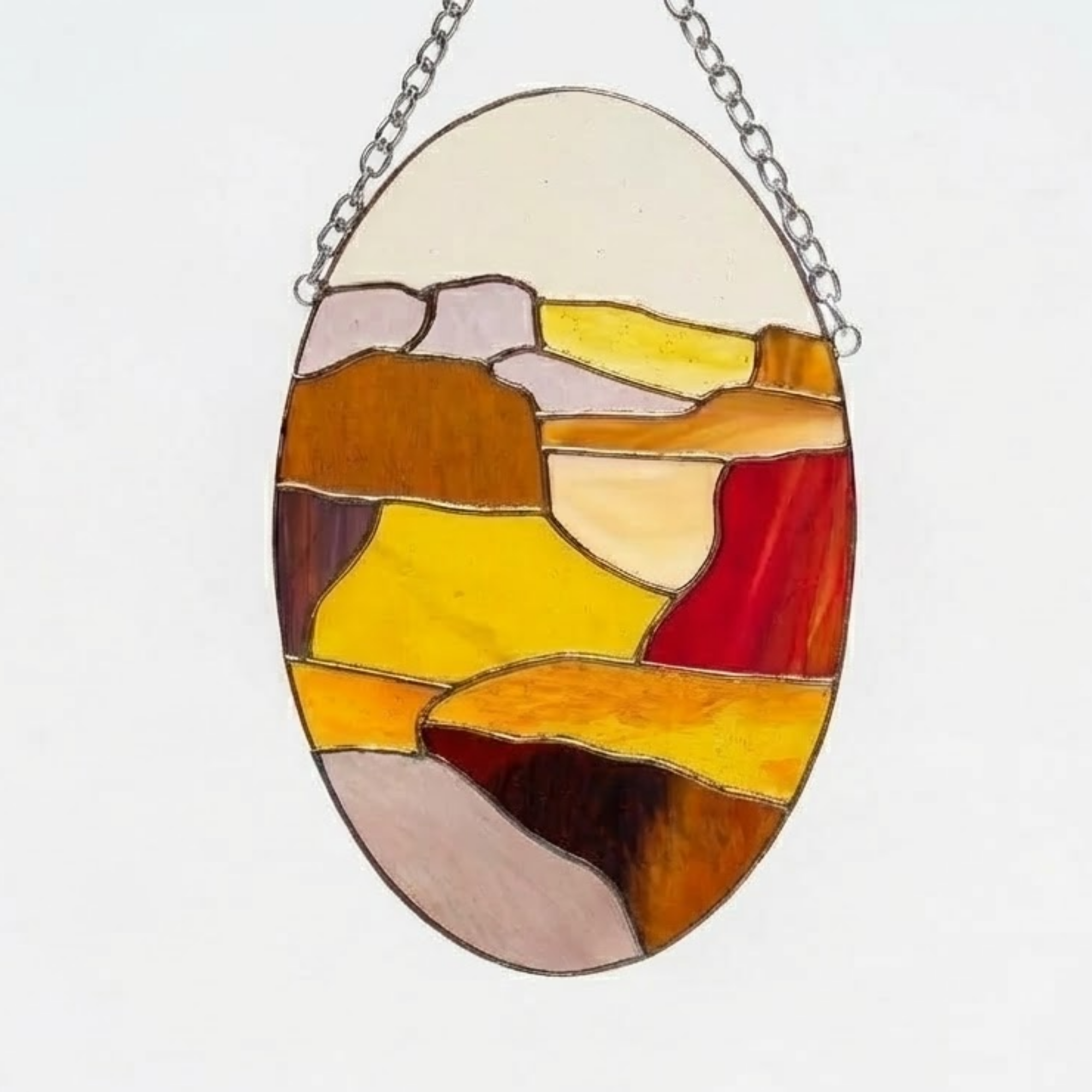 Earth Tone Wall Decor – Stained Glass Oval Suncatcher – Modern Nature Art – Farmhouse Window Hanger – Gift for Her