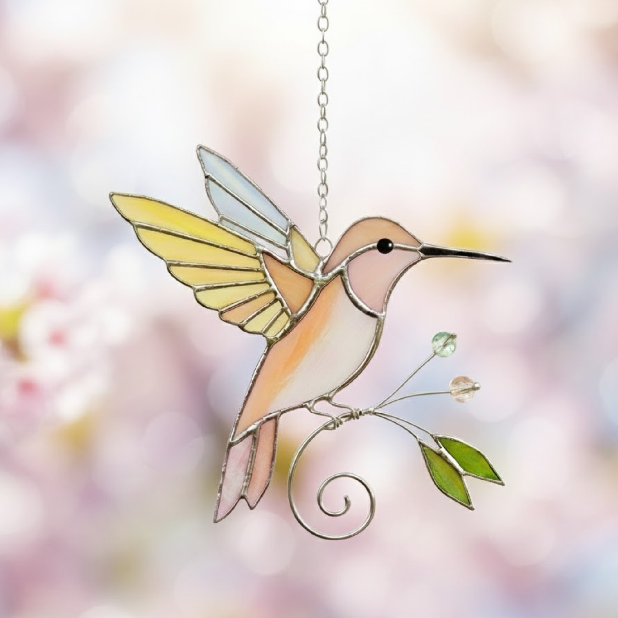 Ethereal Hummingbird Suncatcher – Handcrafted Stained Glass Bird Decor – Unique Housewarming Gift for Nature Lovers