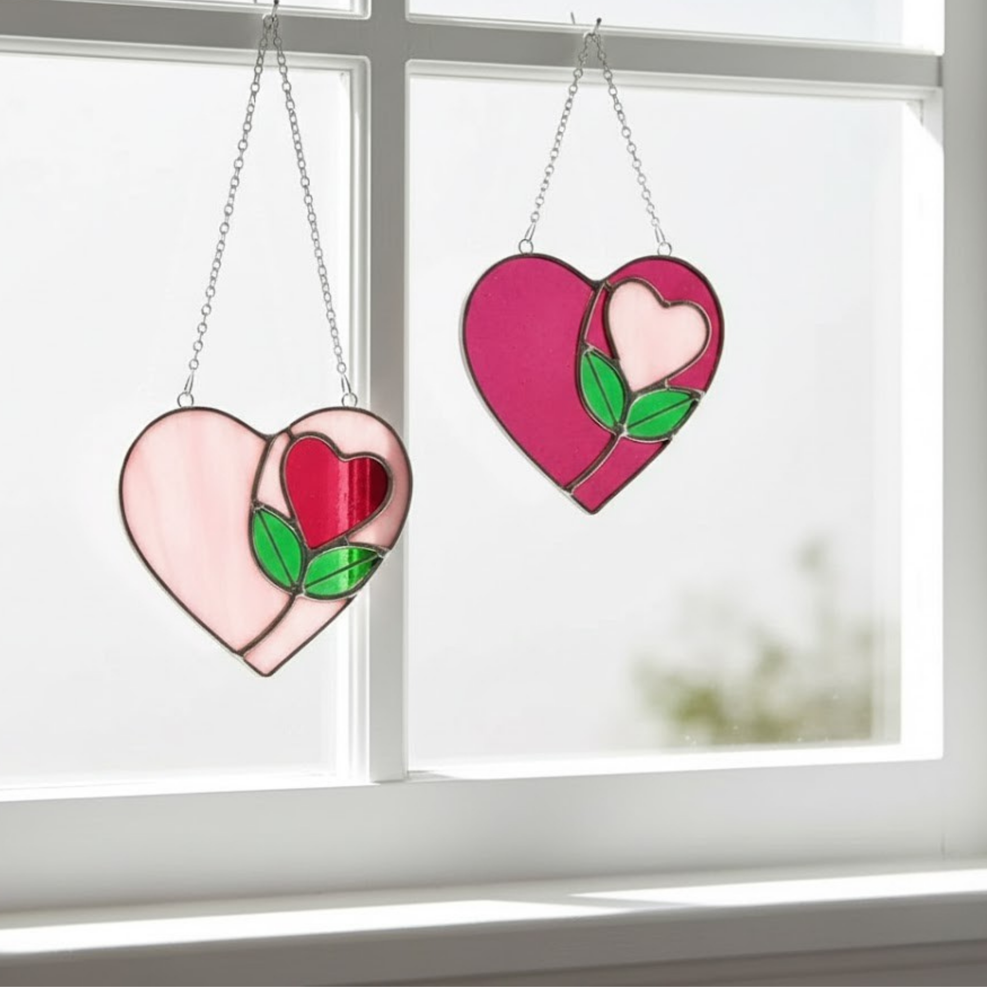 Heart Rose Suncatcher – Romantic Window Hanging – Stained Glass Floral Art – Pink Red Decor – Valentine Gift