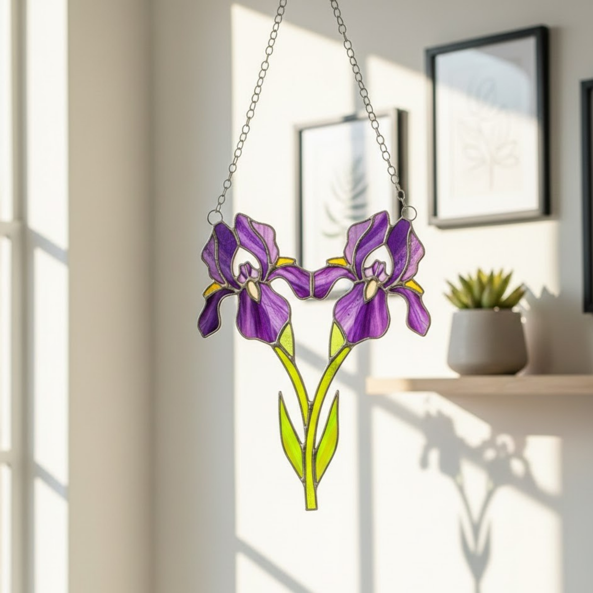 Iris Stained Glass Suncatcher – Purple Flower Window Decor – February Birth Flower Gift – Royal Floral Art – 25th Anniversary