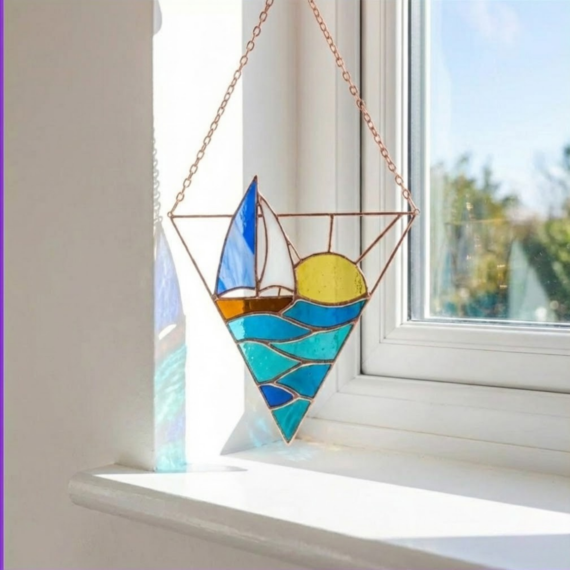 Nautical Sailboat Sun Catcher – Ocean Lover Present – Window Hanging Decor – Geometric Stained Glass Art – Housewarming Gift for Sailor