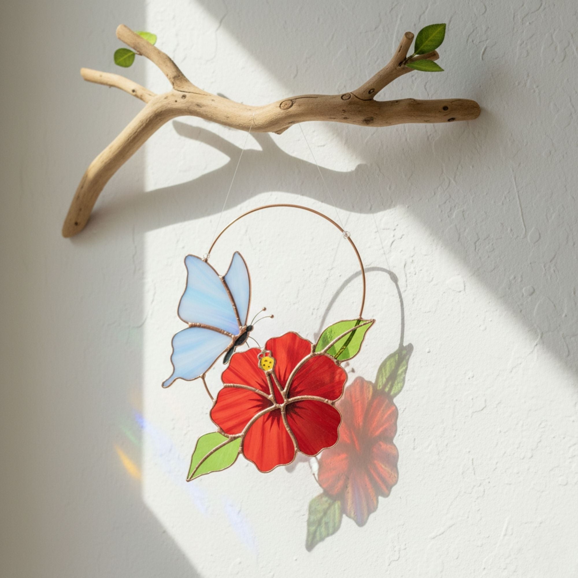 Red Hibiscus Stained Glass Suncatcher – Blue Butterfly Window Art – Tropical Flower Hanging – Nature Lover Gift – Summer Home Accent