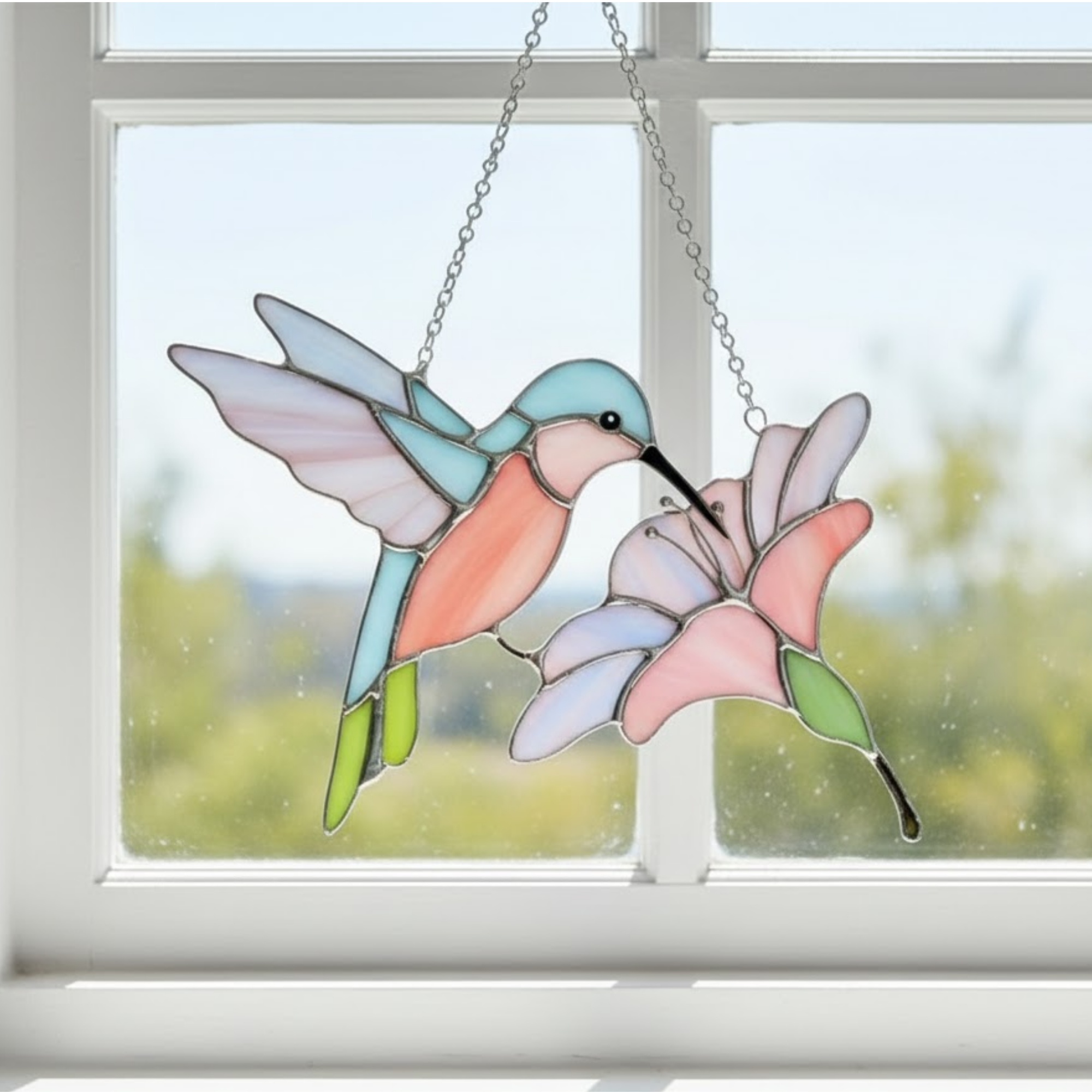 Whimsical Hummingbird & Lily Suncatcher – Handcrafted Stained Glass Window Art for Nature Lovers – Elegant Housewarming Gift