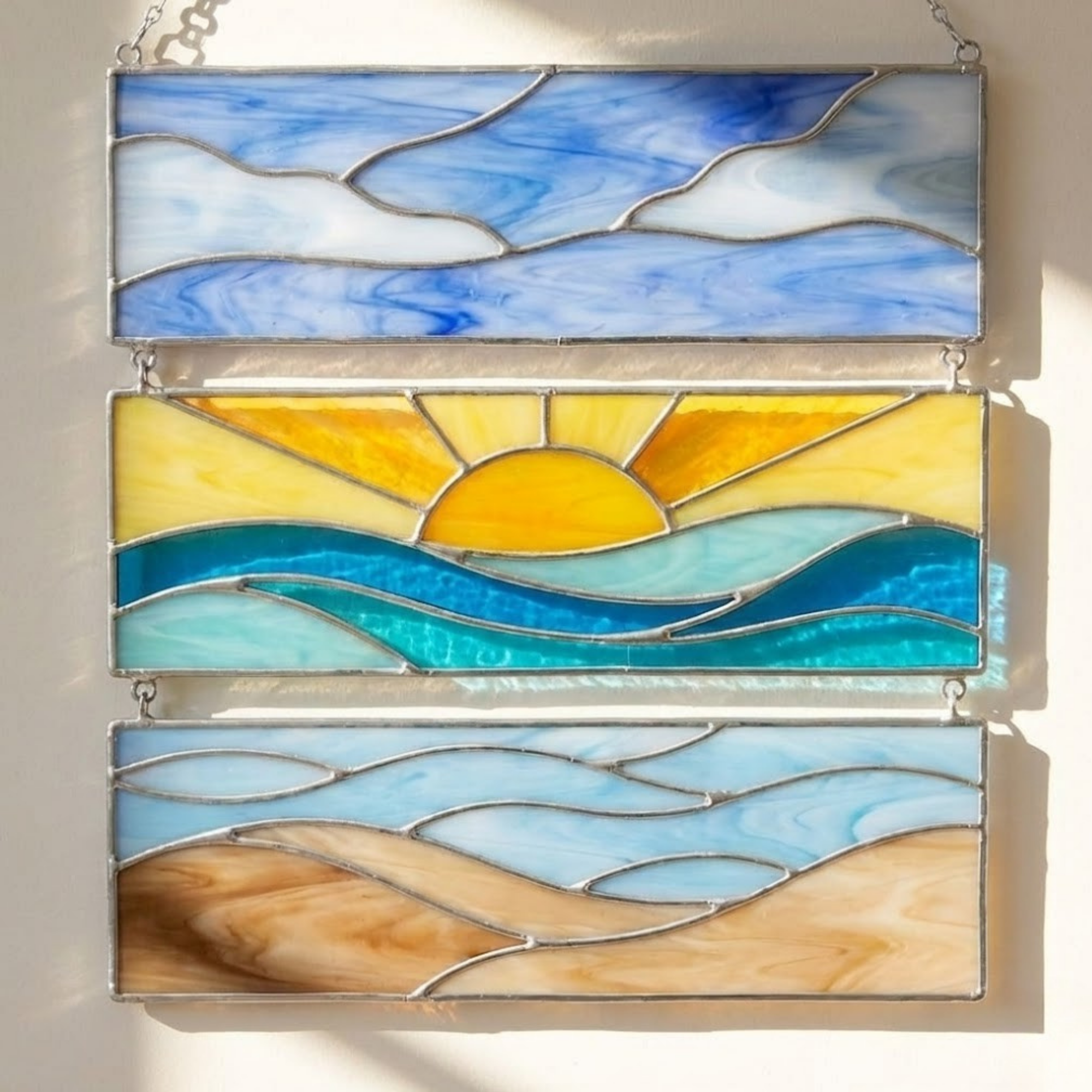 Stained Glass Ocean Landscape 3-Panel Suncatcher – Beach House Art Gift – Window Hanging Decor – Coastal Sunrise Scenery – Housewarming Present