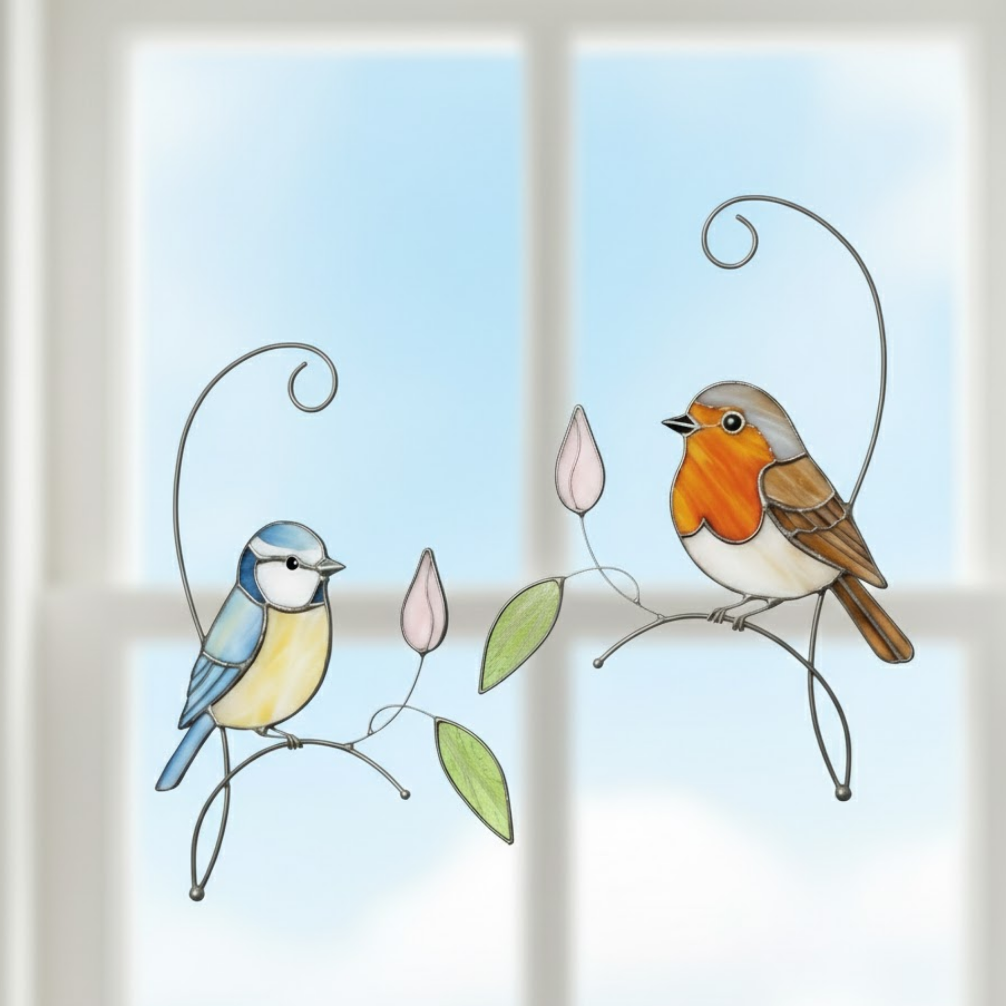 Morning Melody Stained Glass Suncatcher – Whispering Robin & Blue Tit Window Hanging – Enchanted Garden Decor – Lead-free Handcrafted Glass Art