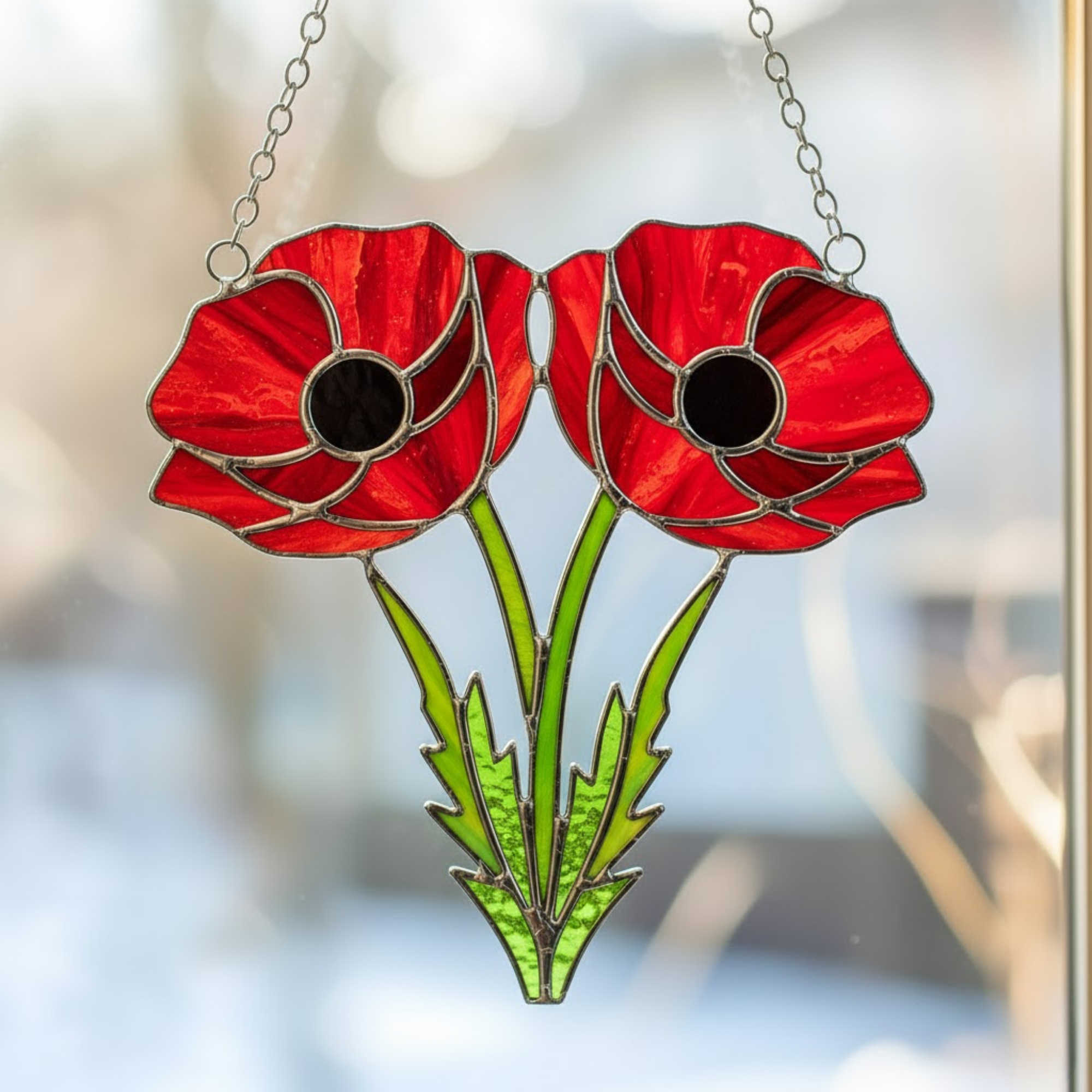 Red Poppy Suncatcher Duo – Memorial Gift – Stained Glass Window Art – August Birth Flower – Botanical Home Decor for Mom