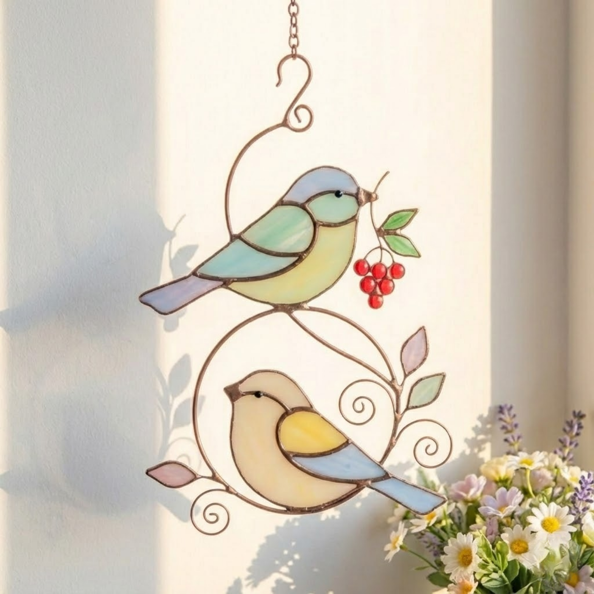Handmade Stained Glass Bird Couple – Window Hanging Decor – Nature Inspired Gift – Colorful Glass Art for Home