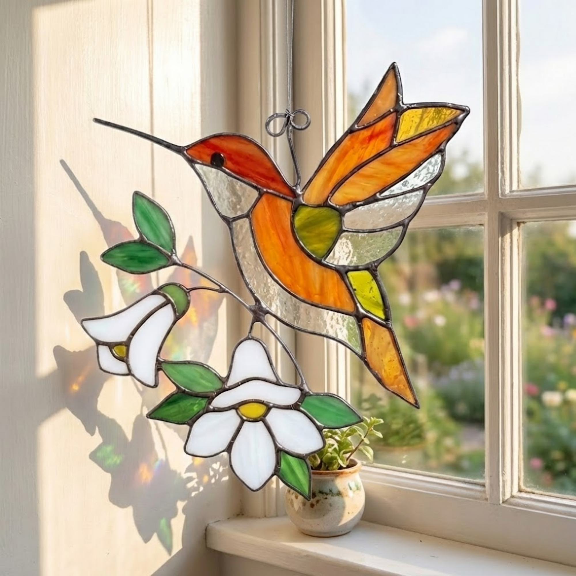 Stained Glass Hummingbird Suncatcher – Handmade Window Hanging with White Flowers, Nature Gift