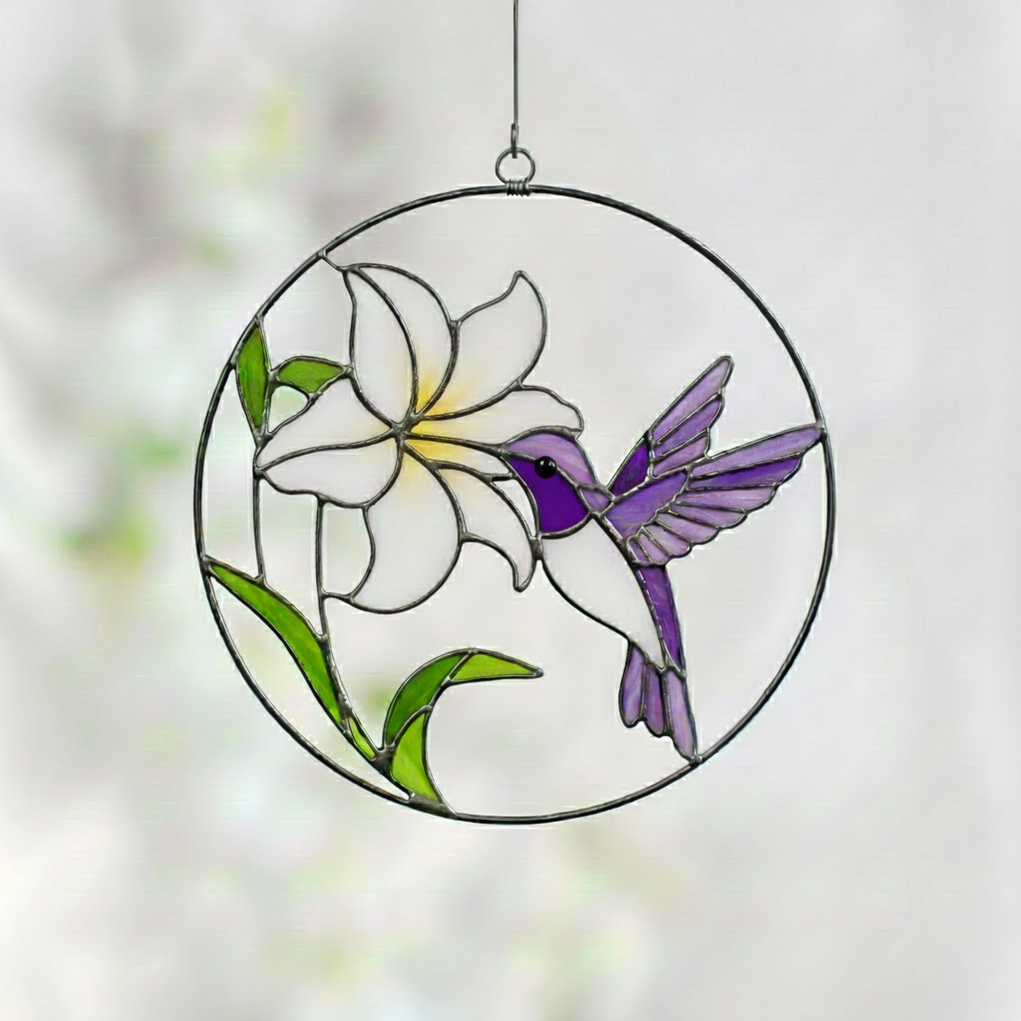 Hummingbird Stained Glass Suncatcher, Handmade Floral Window Hanging, Nature Sun Catcher Gift