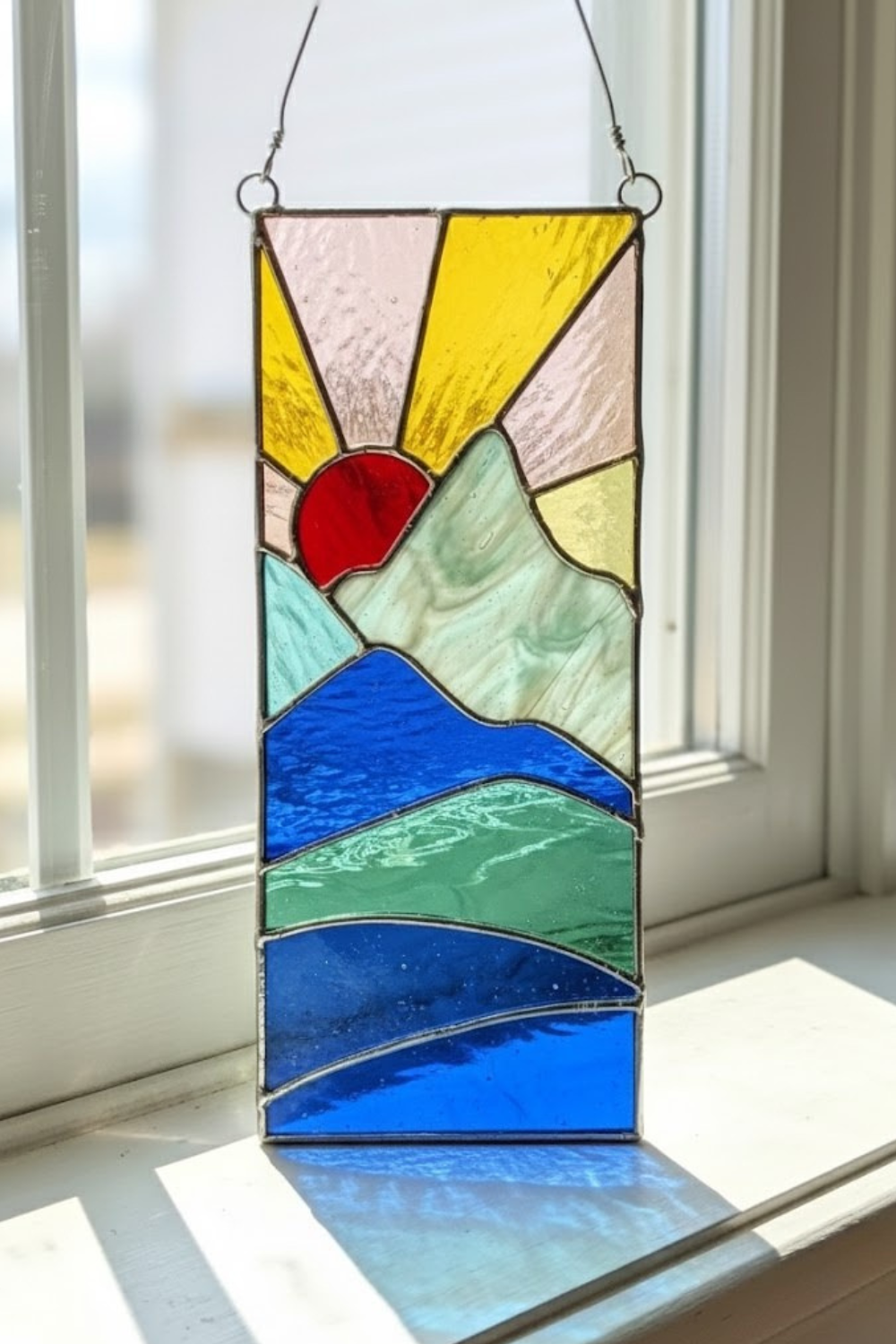 Stained Glass Mountain Suncatcher – Sunrise Landscape Art – Window Panel Decor – Nature Inspired Gift – New Home Housewarming