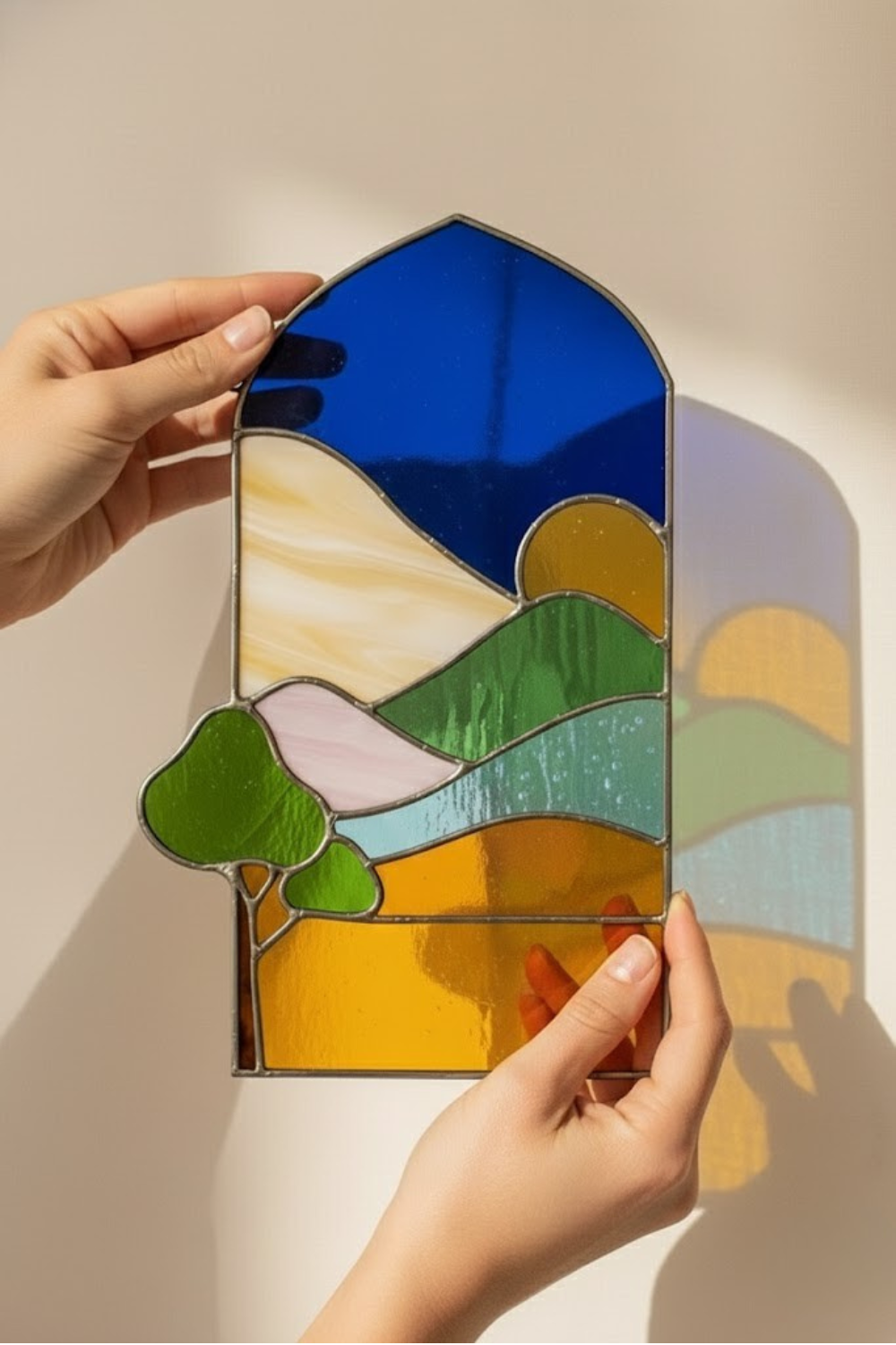 Stained Glass Landscape Suncatcher – Mountain Wall Art – Nature Window Hanging – Modern Boho Decor – Unique Housewarming Gift for Hiker